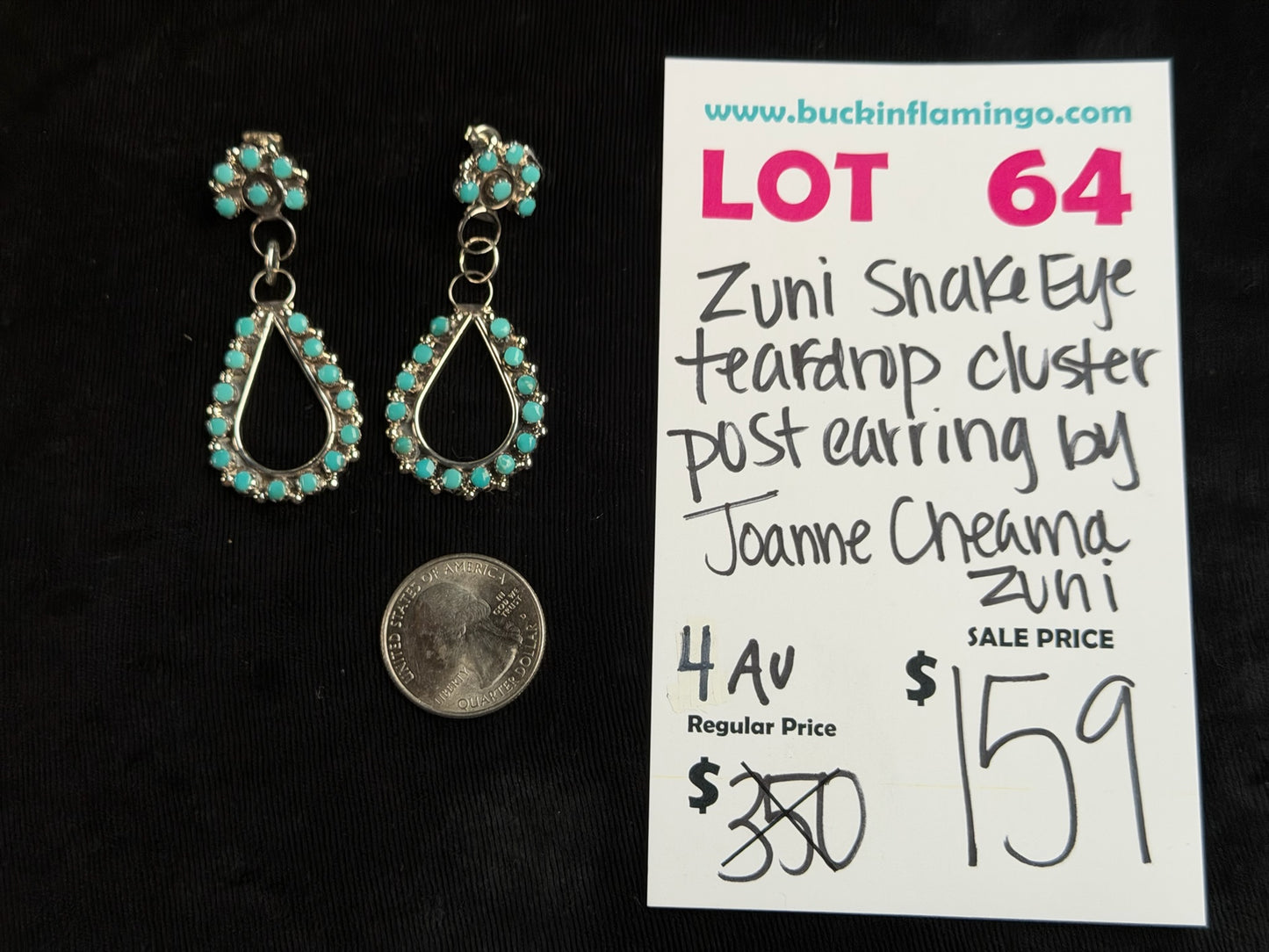 LOT 64 8/9 Zuni Snake Eye Teardrop Cluster Post Earring by Joanne Cheama, Zuni