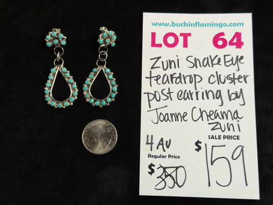 LOT 64 8/9 Zuni Snake Eye Teardrop Cluster Post Earring by Joanne Cheama, Zuni