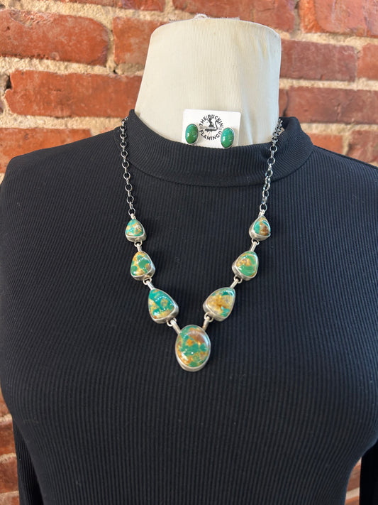 Royston Turquoise 7 Stone Necklace and Earrings by Augustine Largo, Navajo