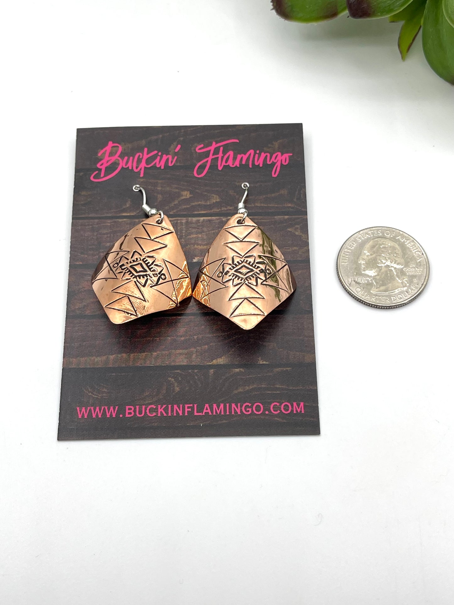 Copper Stamped “Rug” Dangle Earrings by Felicia Etsitty, Navajo