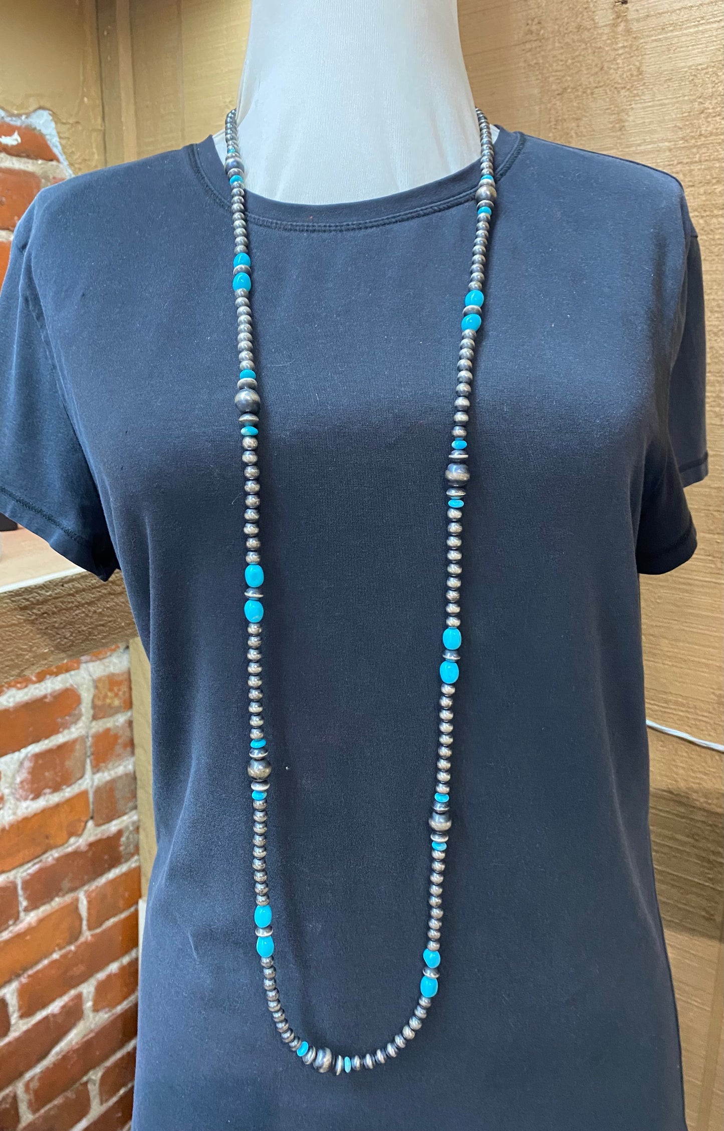 50" Navajo Pearl, Navajo Saucer, and Sleeping Beauty Turquoise Bead Necklace