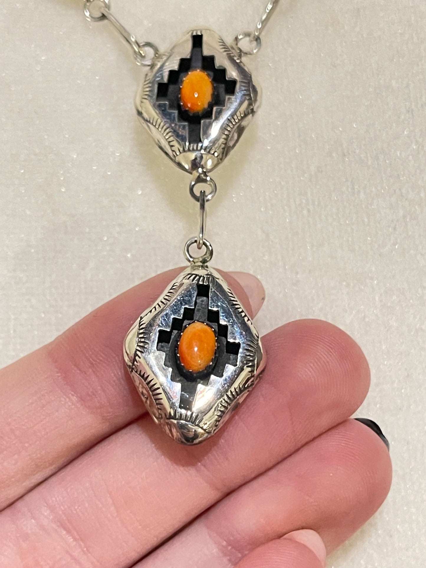 18" Orange Spiny Oyster Shell Shadowbox Lariat Necklace and Post Earrings Set by Felix Perry, Navajo