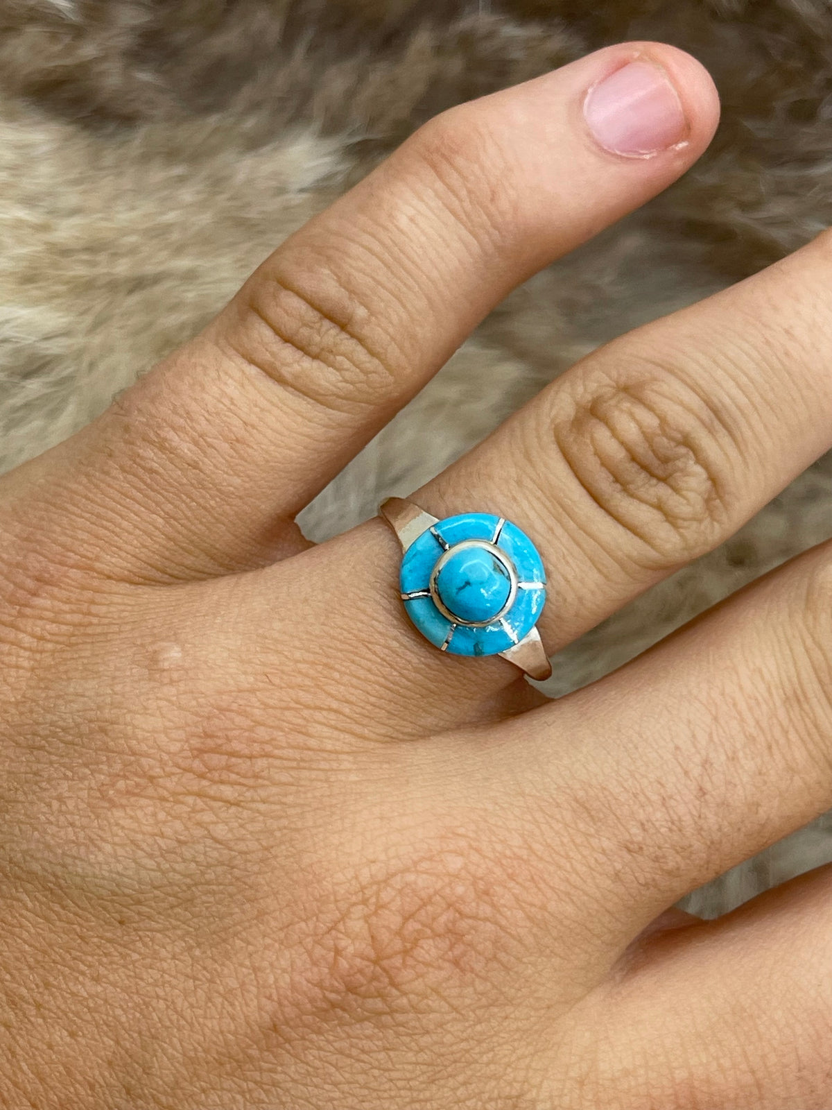 10.5 Turquoise Circle Inlay Ring by Valerie Benally, Navajo