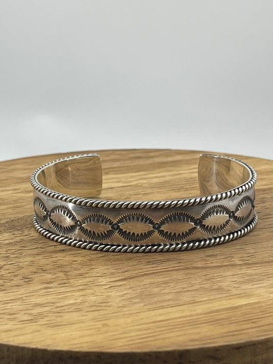 Stamped All Silver Cuff by James Bahe, Navajo