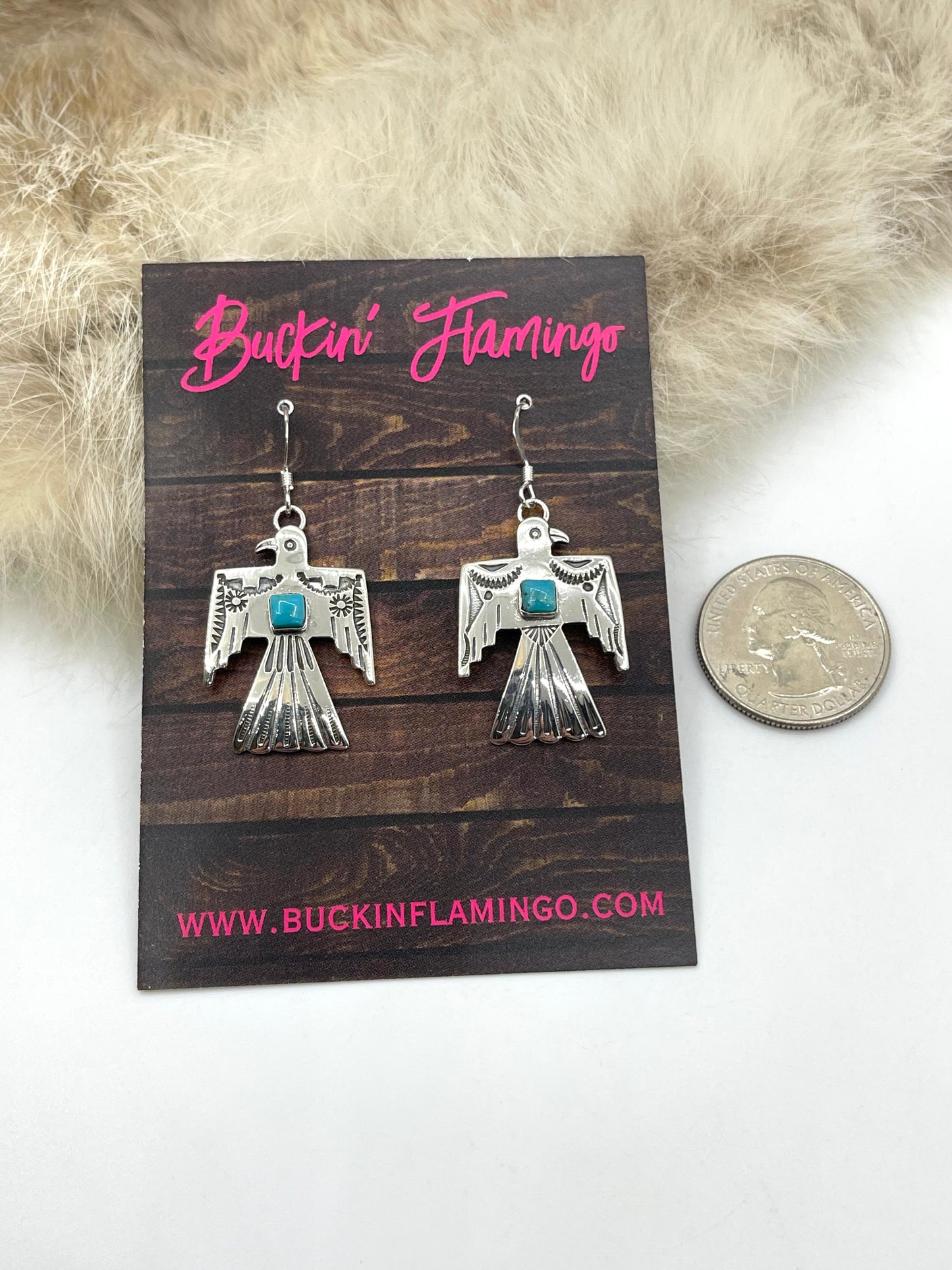 LOT 47 7/5 Thunderbird Dangle Earrings With Turquoise by Jeremy Delgarito, Navajo