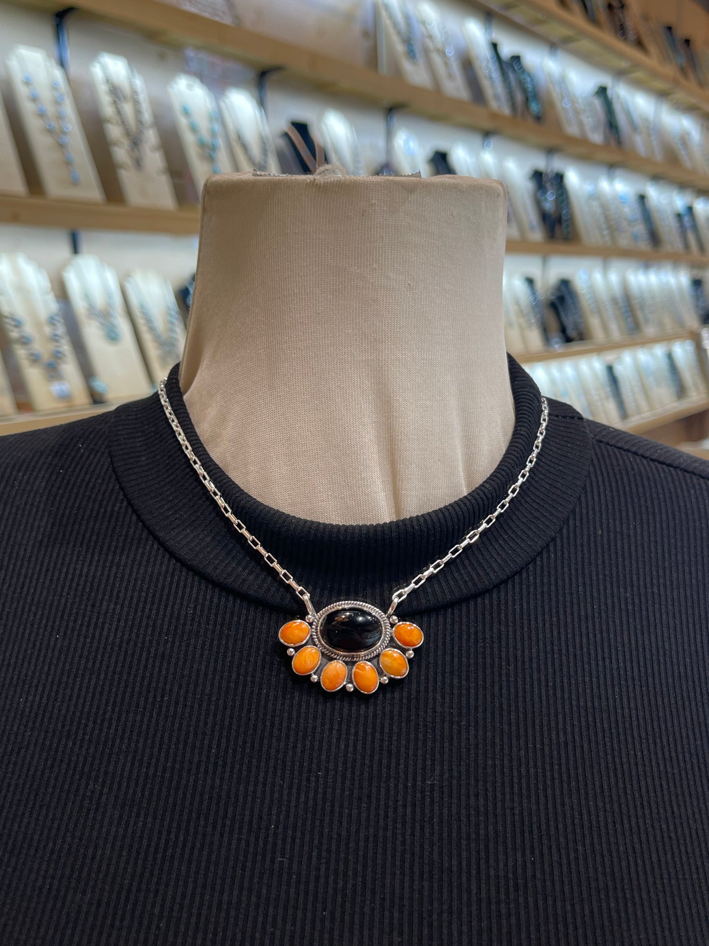 17" Black Onyx & Orange Spiny Oyster Half Cluster Necklace