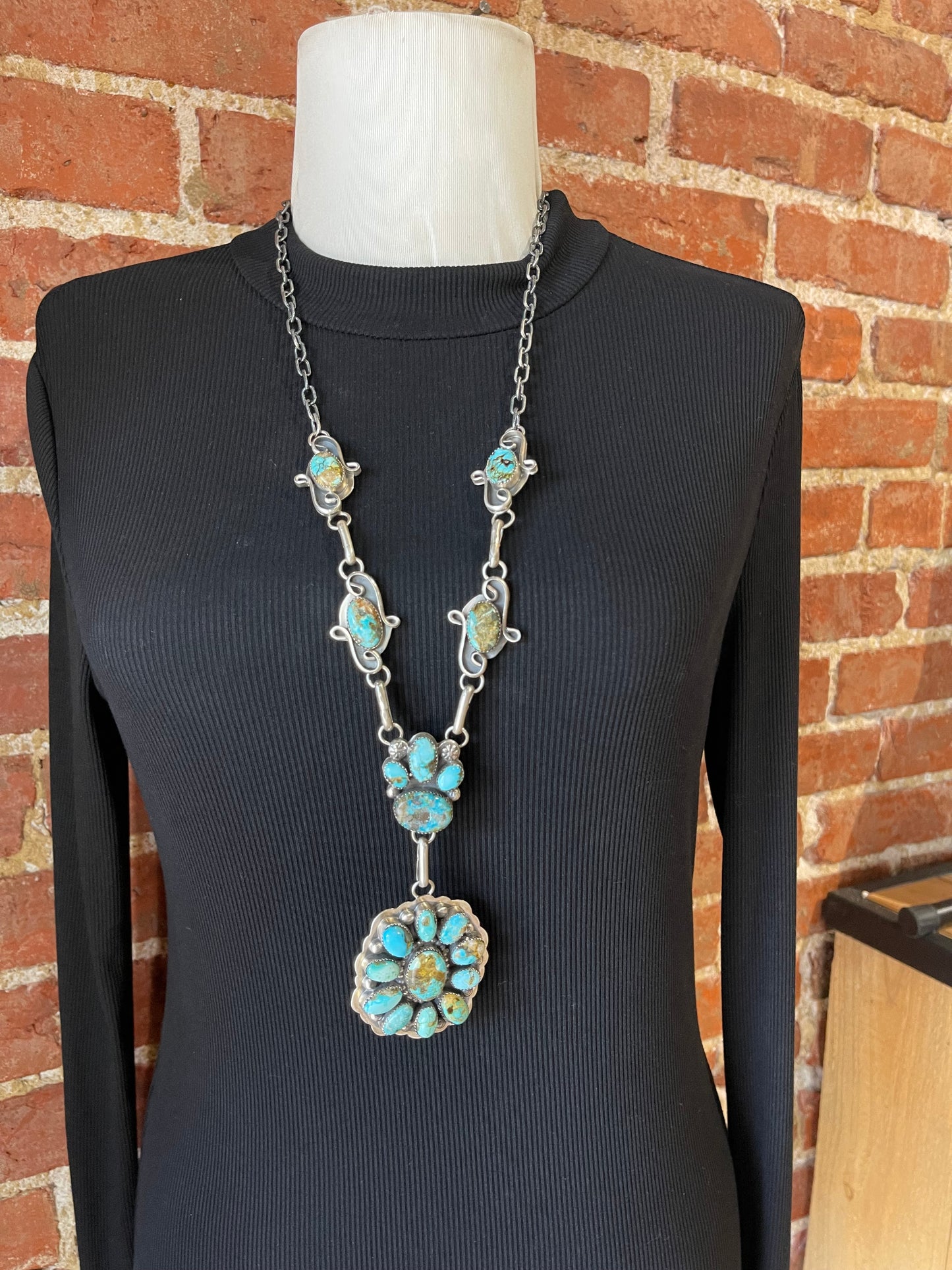 27" Turquoise Cluster Lariat Necklace by Delbert Secatero, Navajo