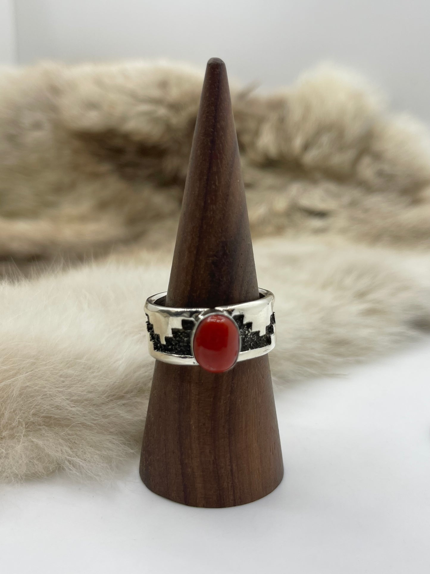 11.0 Red Coral Ring by Marie Jackson, Navajo