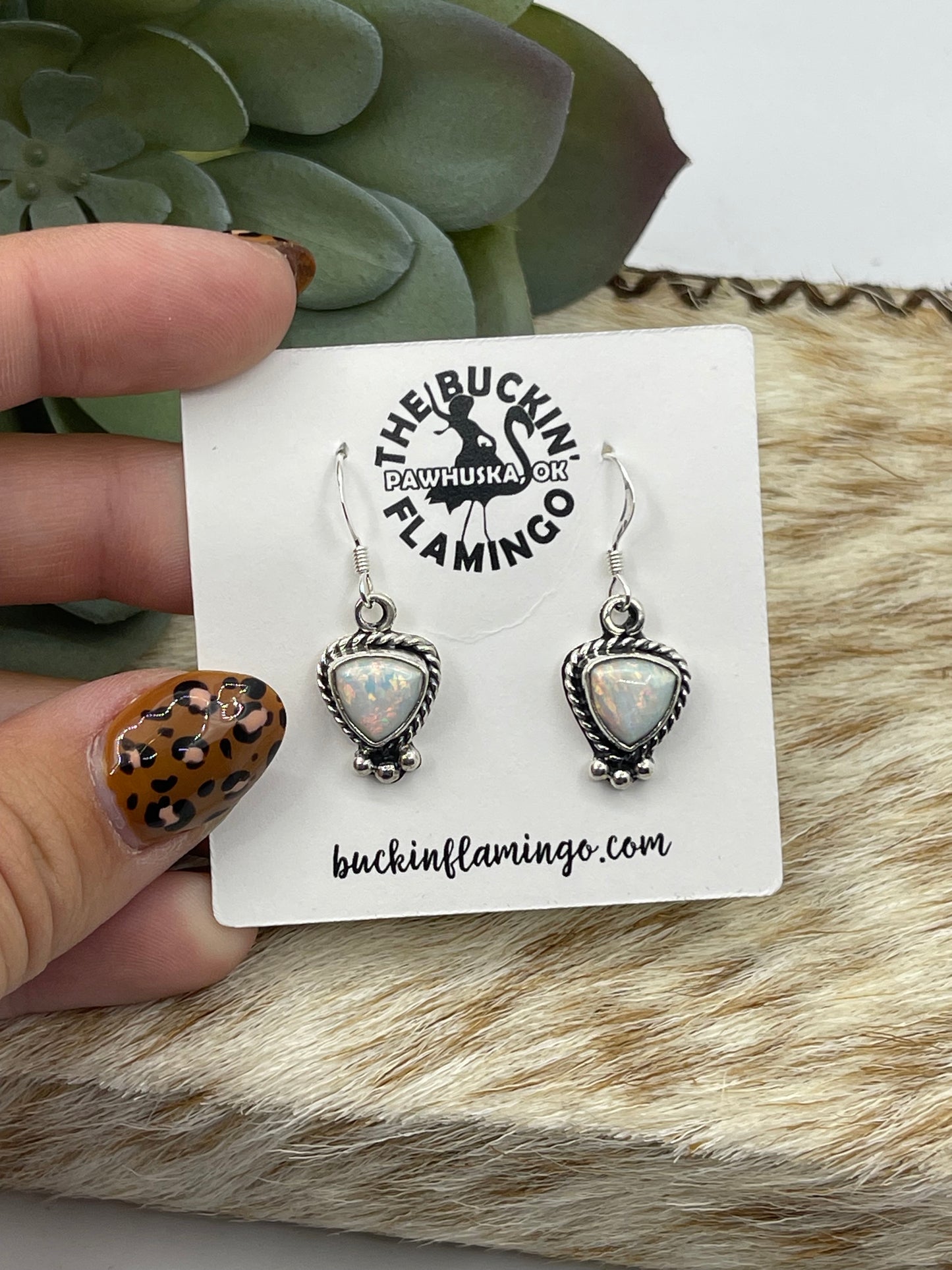 White Opal Rounded 11 mm Triangle Dangle Earrings