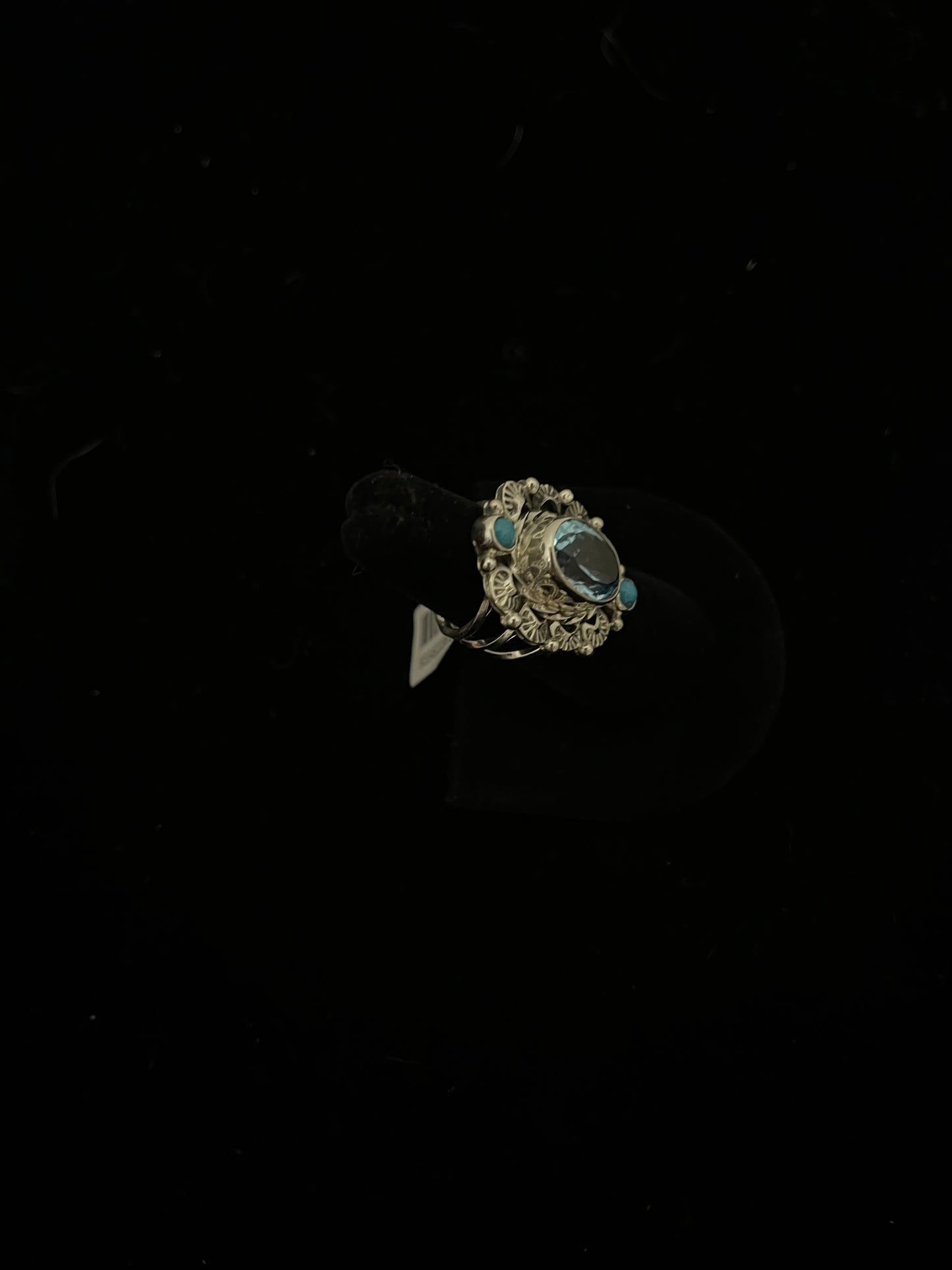 5.0 3 Stone Turquoise and Blue Topaz Ring by Running Bear, Navajo