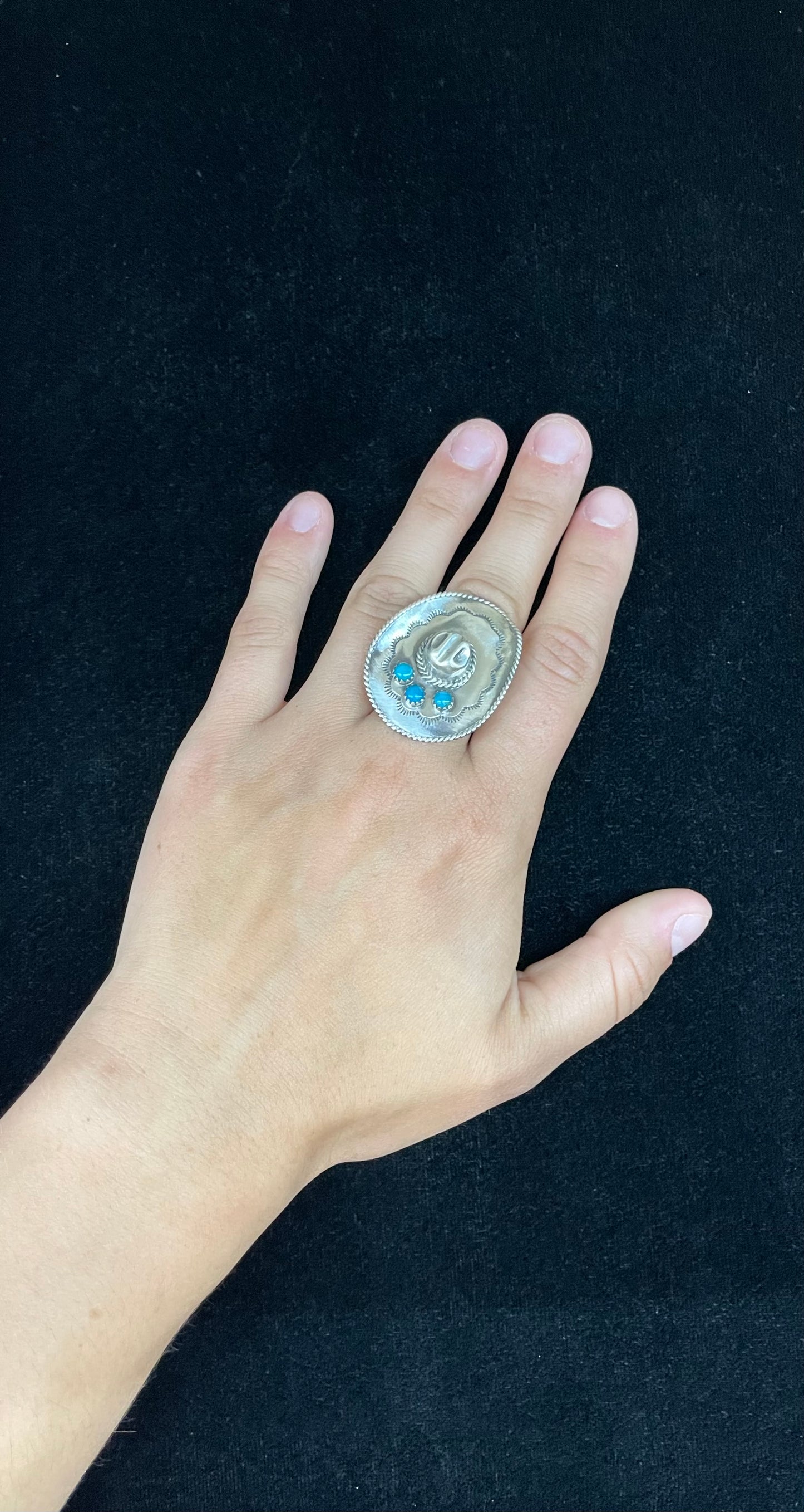 Sterling Silver Cowboy Hat with Sleeping Beauty Turquoise Ring by Bobby Platero, Navajo