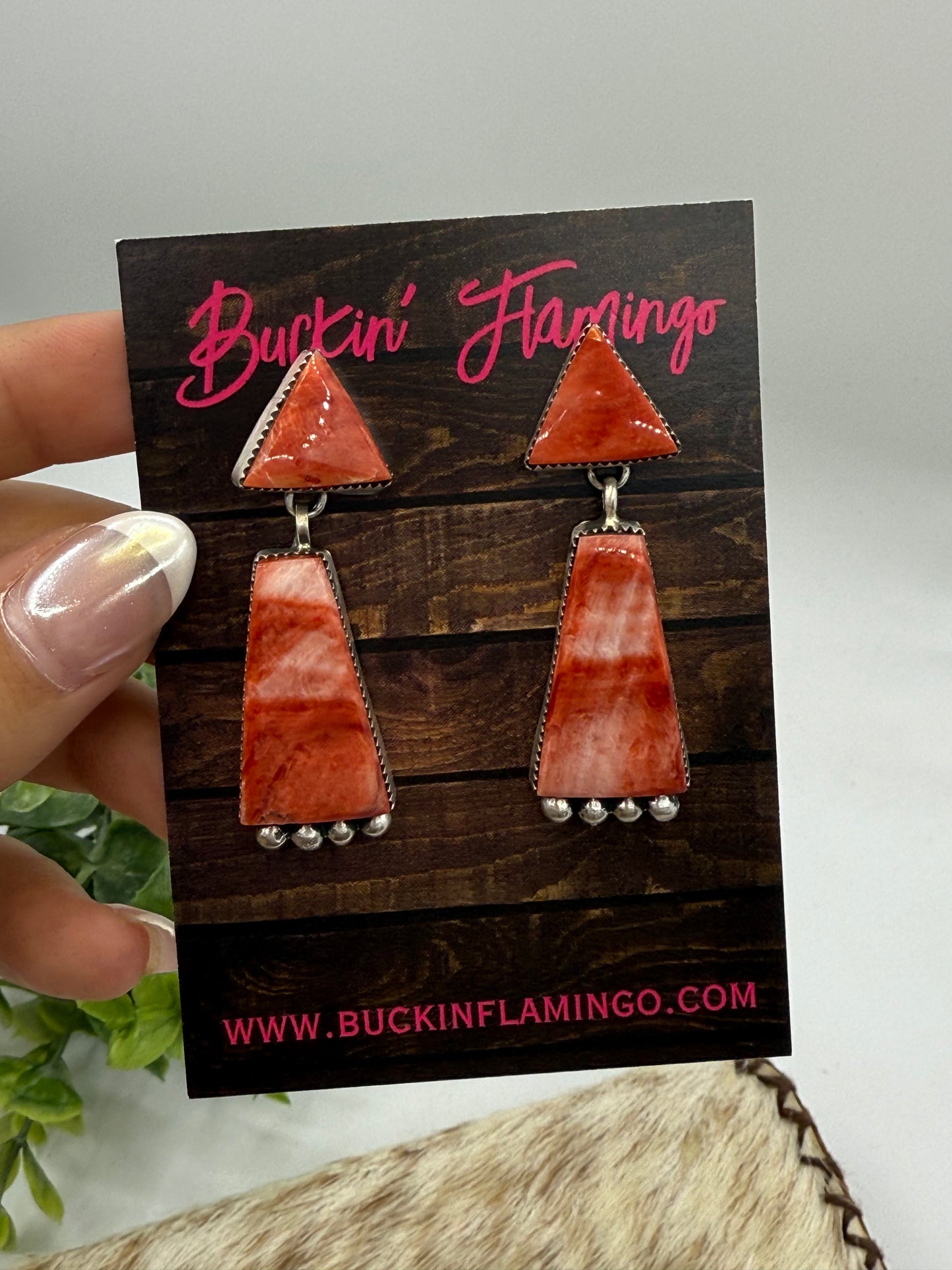 Red Spiny Oyster 2 Stone Dangle Earrings by Selina Warner, Navajo