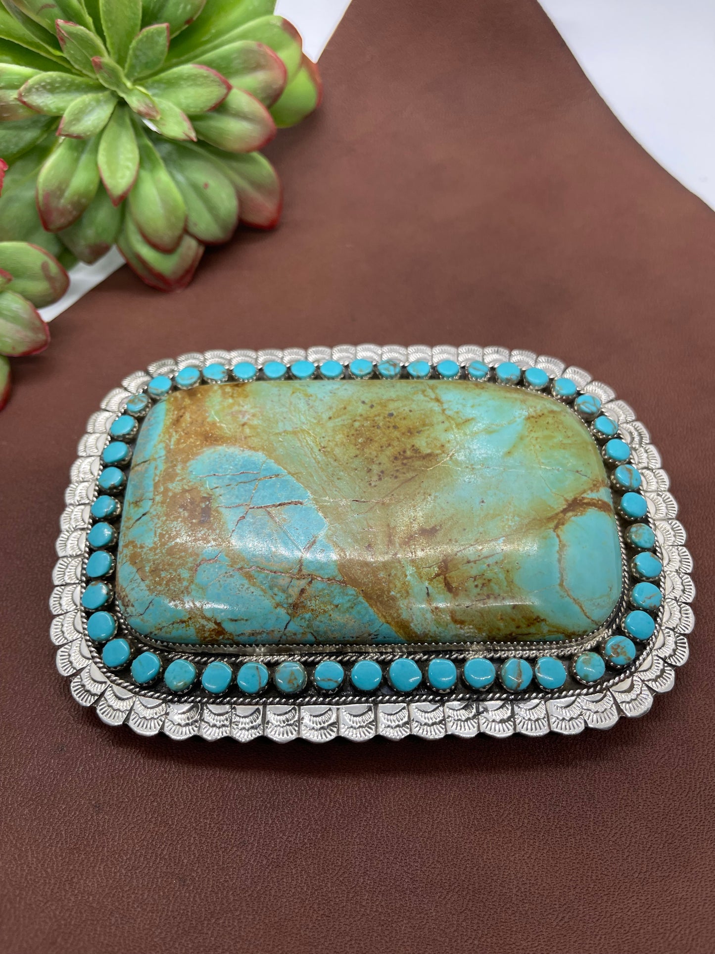 5 1/2"x4" Large Kingman Turquoise Belt Buckle by Larry Etsitty, Navajo