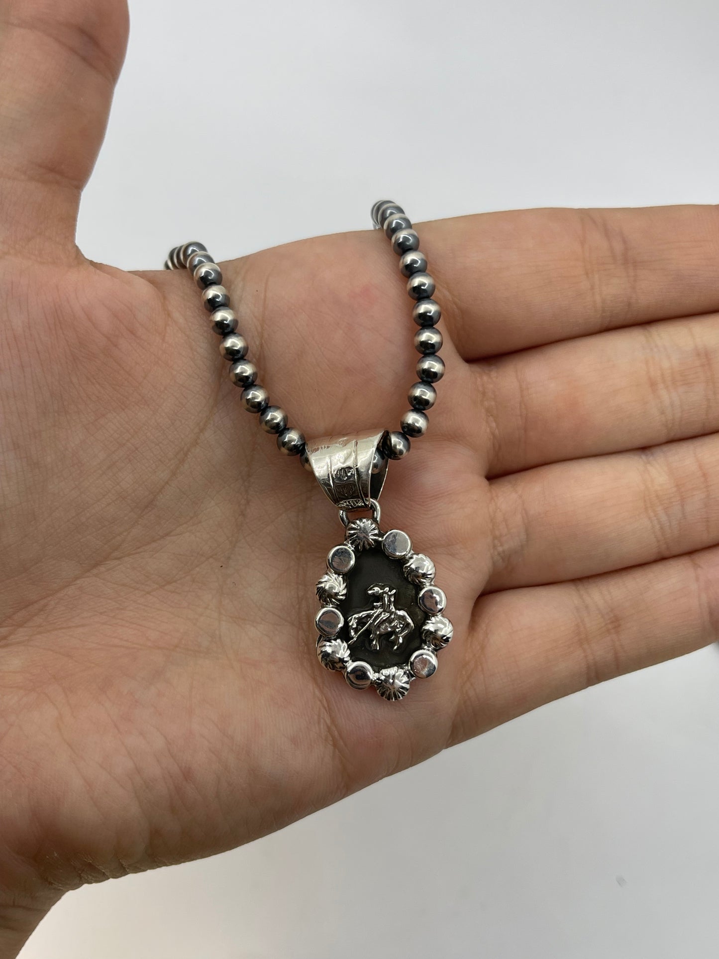 18" 4mm Navajo Pearls Necklace with Silver Trail Rider Pendant by Daniel Dakai, Navajo