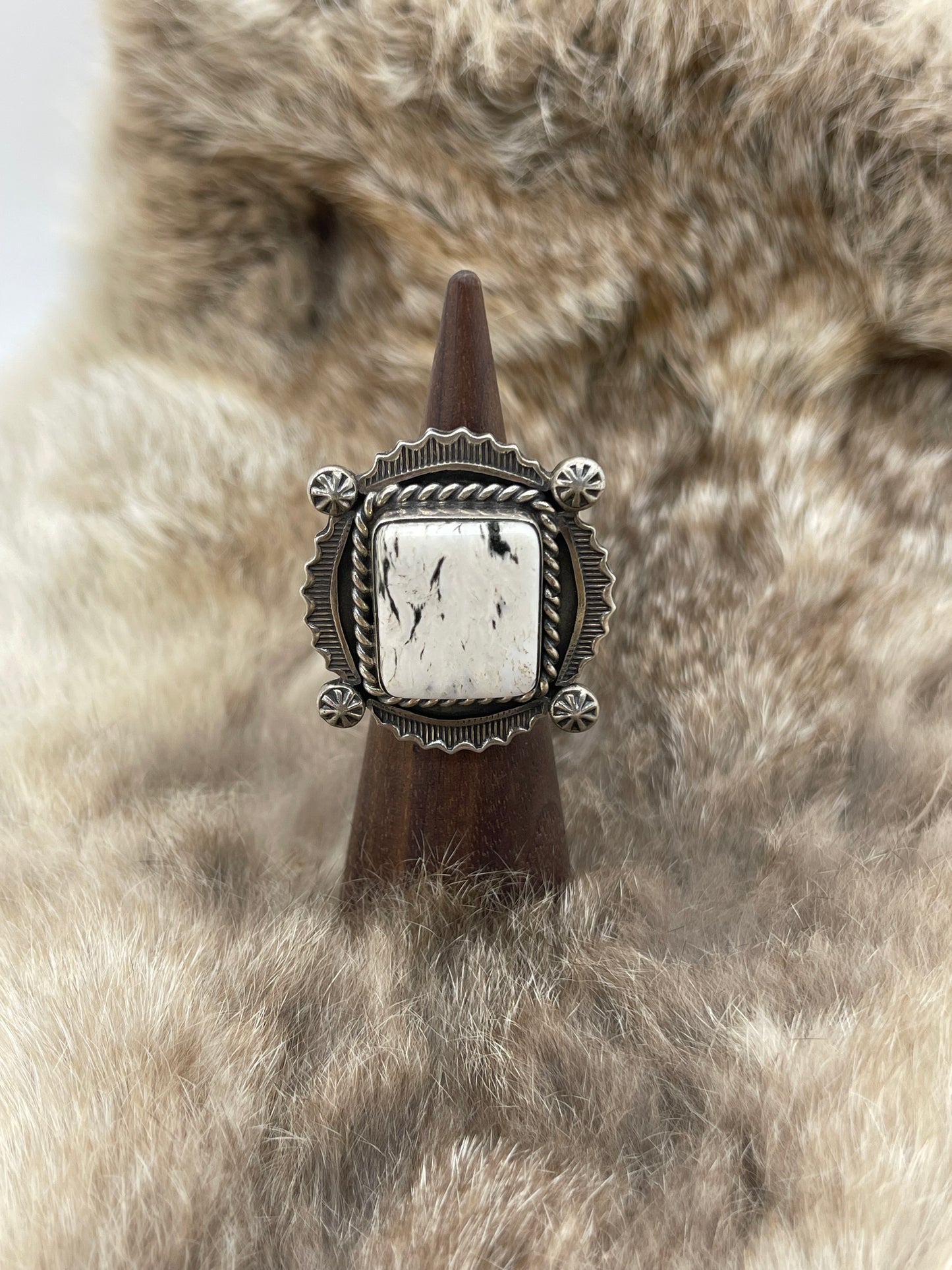 5.0 White Buffalo Ring by Harold Joe, Navajo