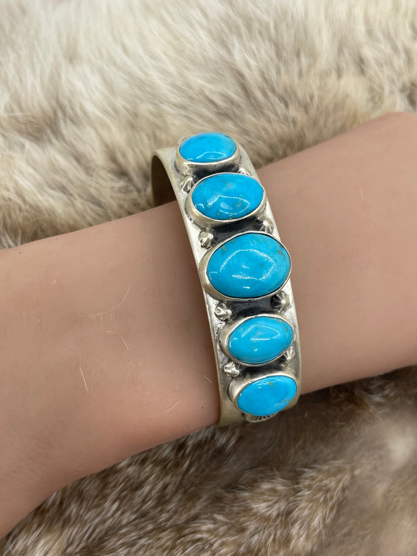 Bigger Size 5 Stone Turquoise Cuff 6.75"-7.5"