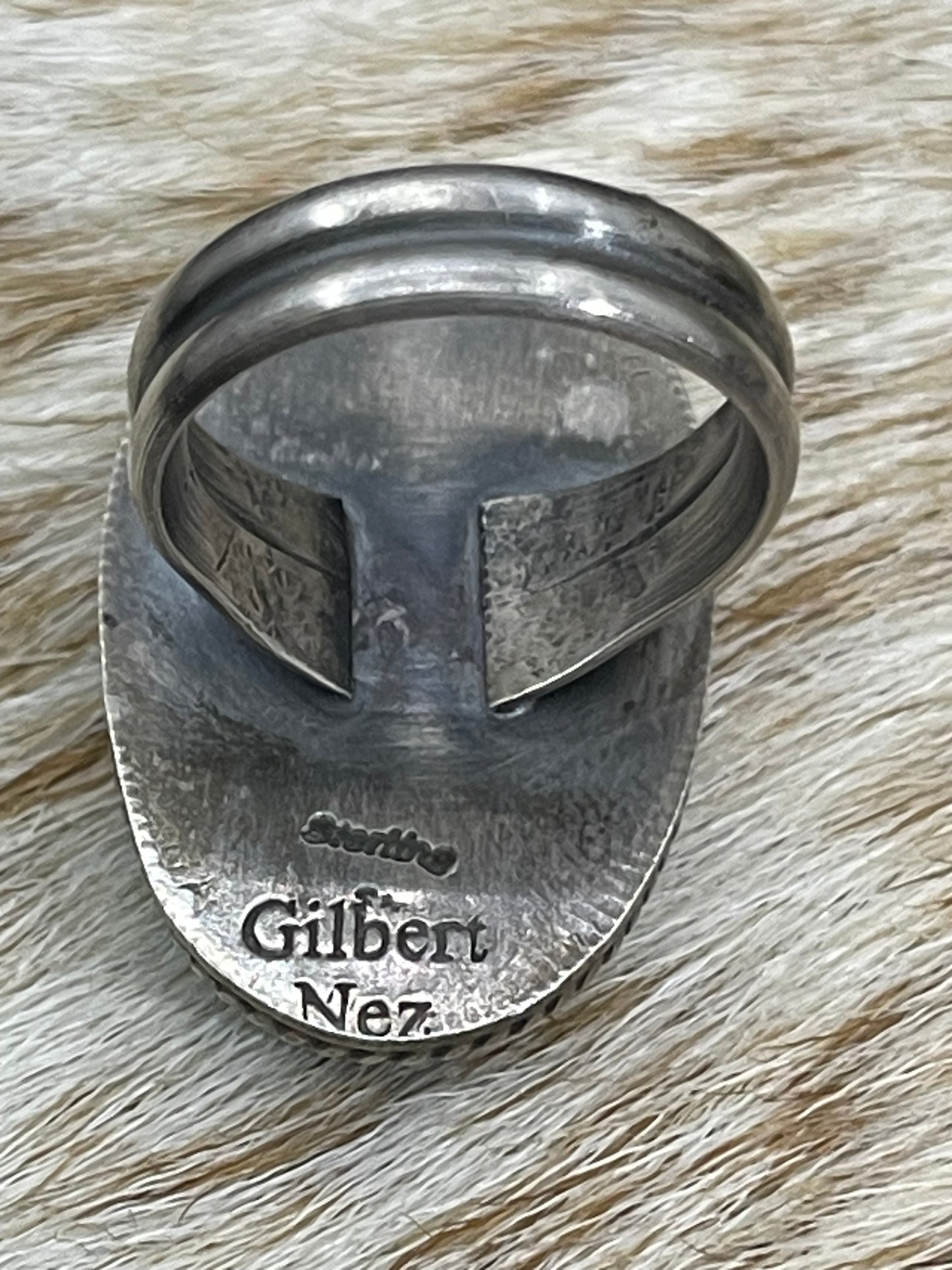 8.0 Oval Persian Turquoise Ring By Gilbert Nez, Navajo