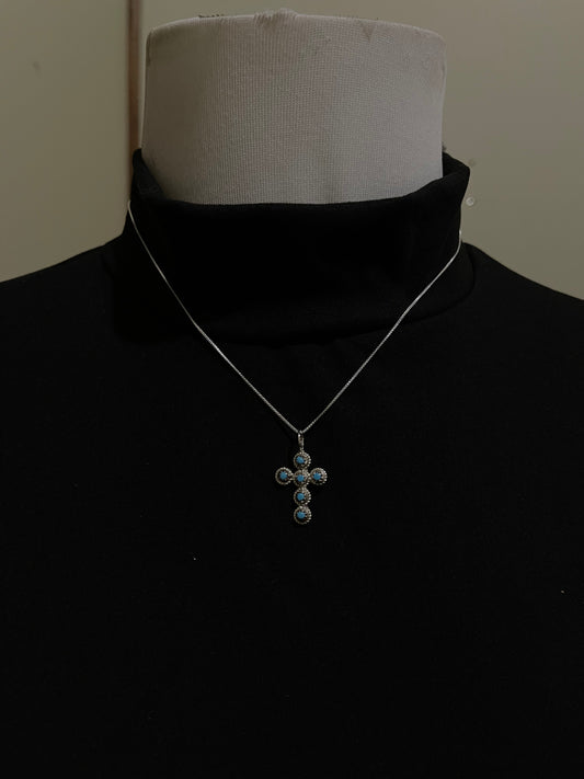 16" Sleeping Beauty Turquoise Cross Necklace by Bernadette Nakatewa and Micheal Gchachu, Zuni