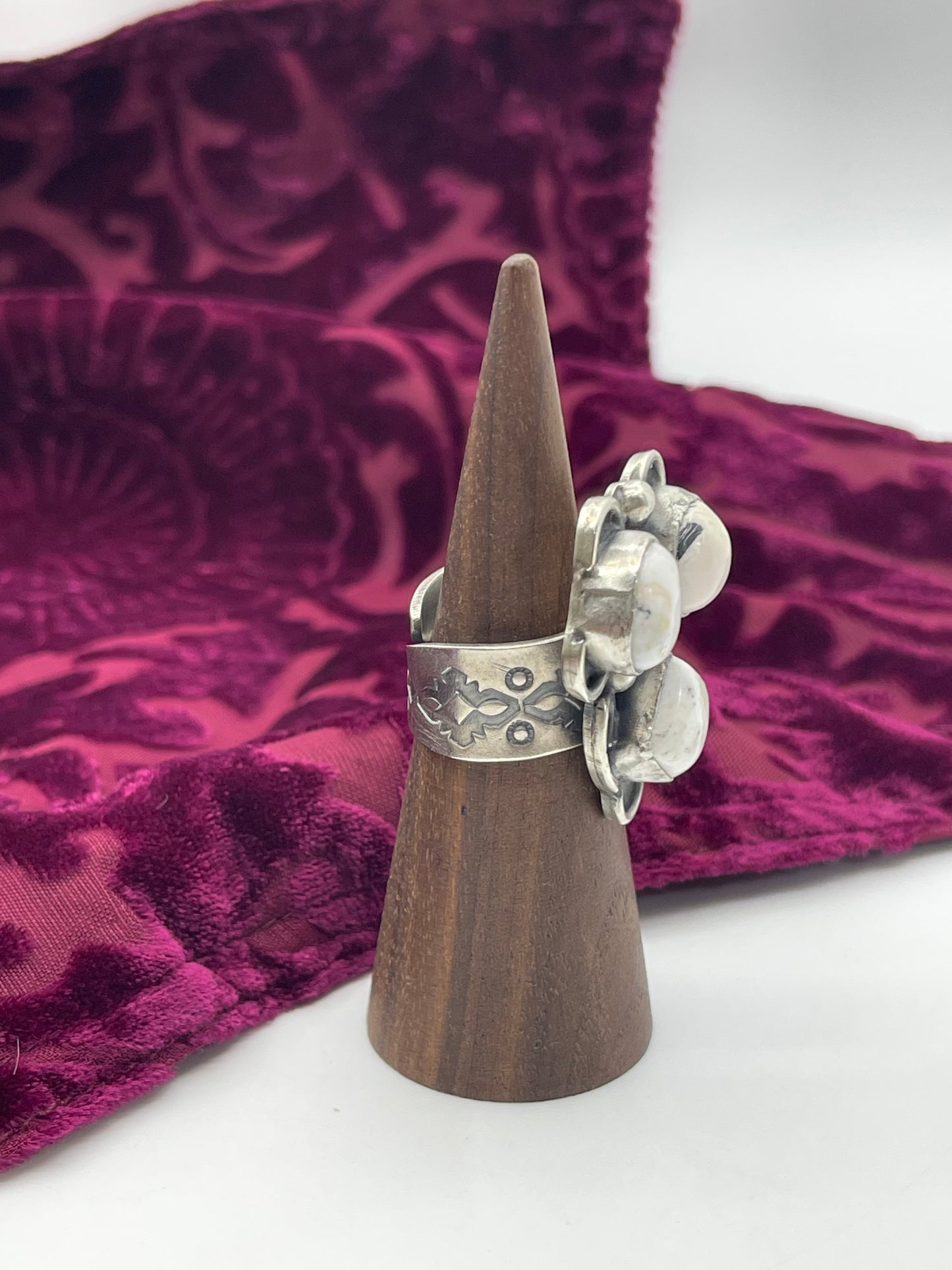 Adjustable 7.0 - 9.0 3 Stone White Buffalo Ring by Gilbert Nez, Navajo