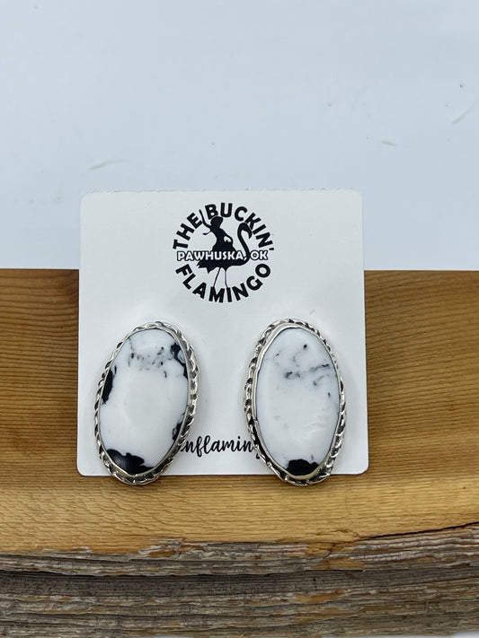 White Buffalo Oval Post Earrings by Mike Dedman, Navajo