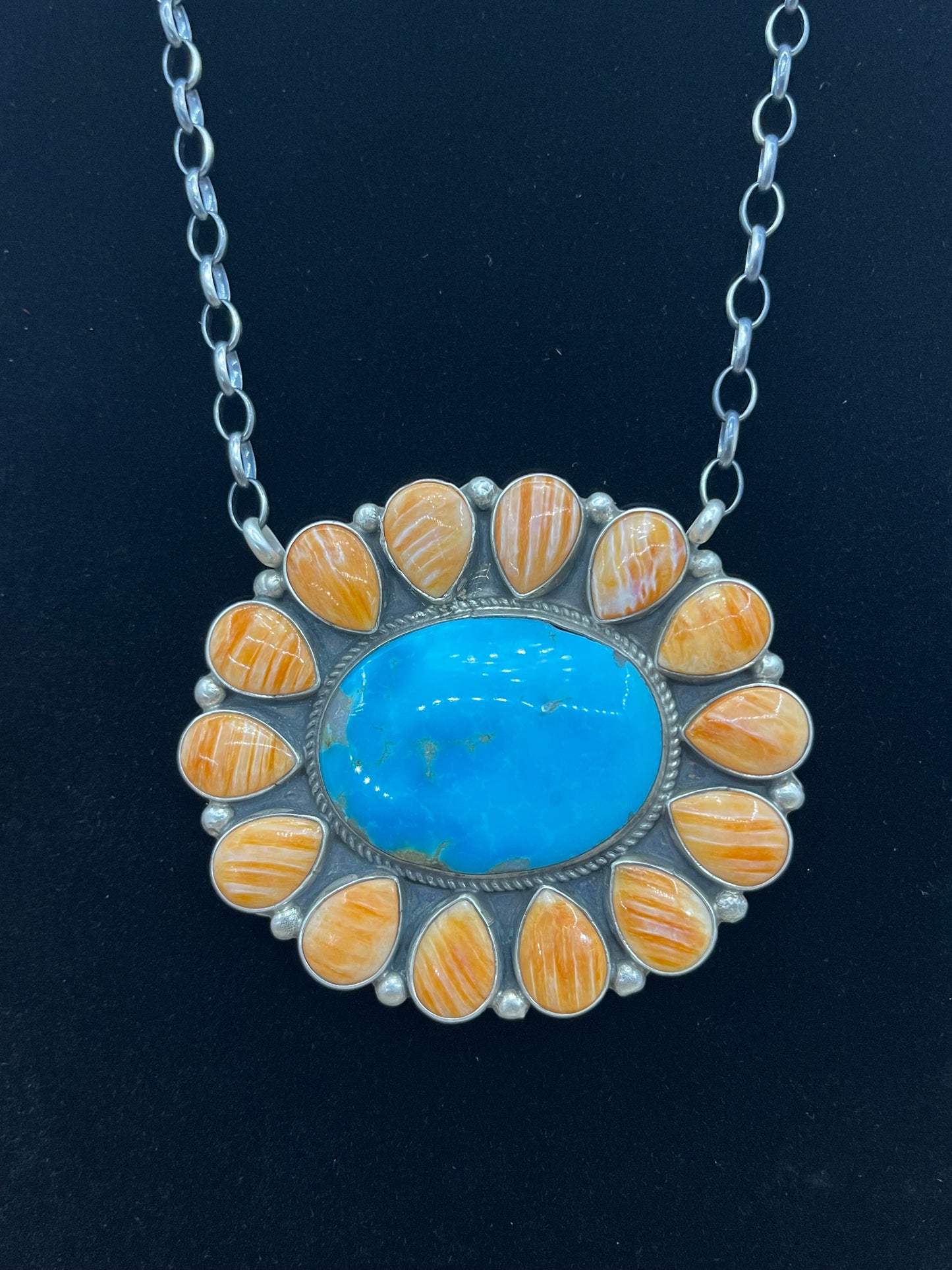 16" Orange Spiny Oyster & Turquoise Cluster Necklace