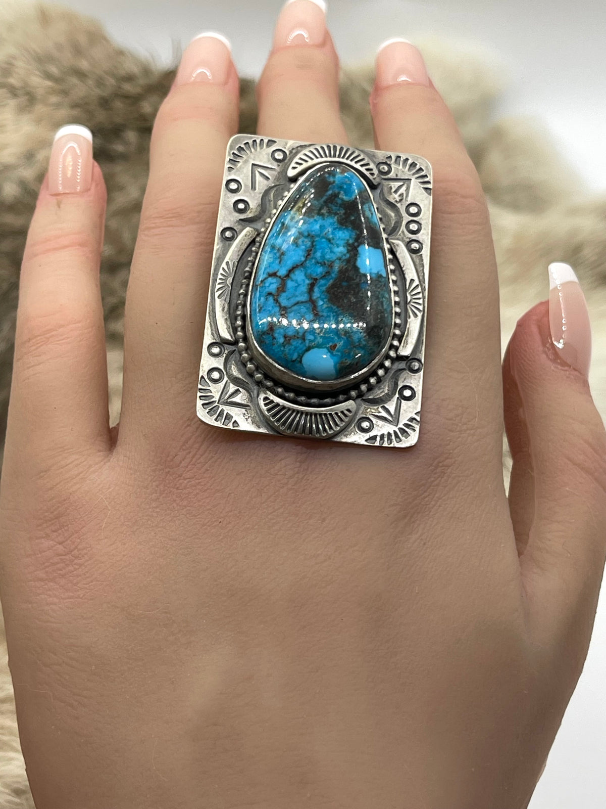 Adjustable Kingman Turquoise Ring with Stamped Silver