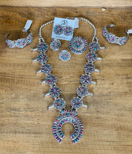 Purple Mojave 7 Piece Squash Blossom, Earrings, Cuffs, Rings, and Pin Set by Gerald Mitchell, Navajo