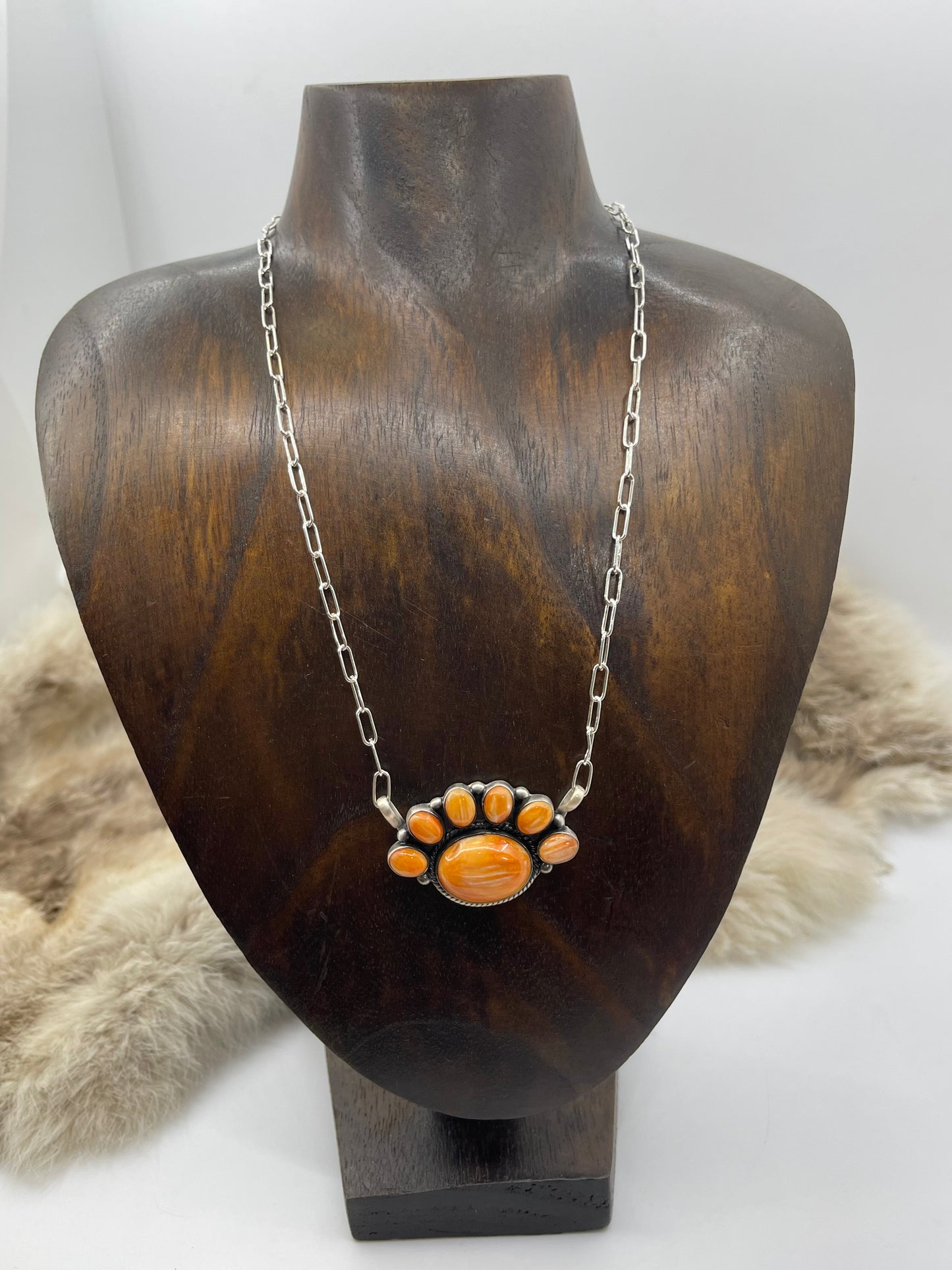 16" Orange Spiny Oyster Shell Half Cluster Necklace