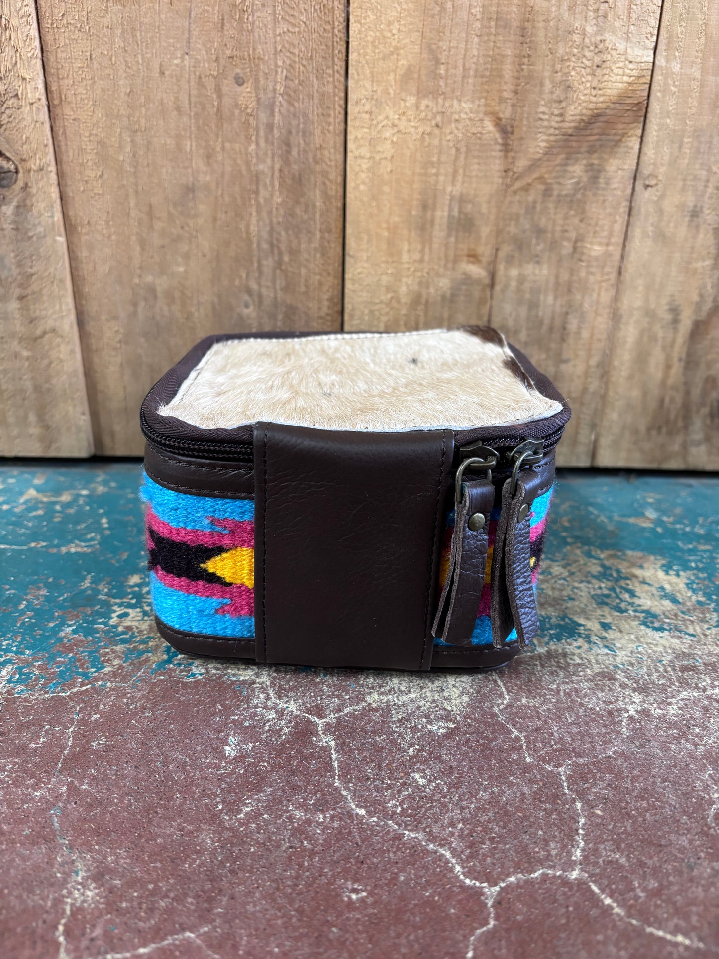 Small Square Tan Cowhide Blue Knitted Jewelry Box