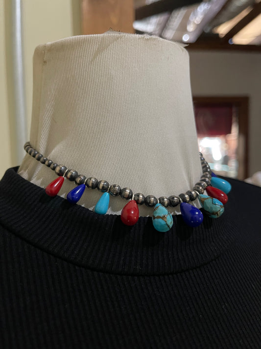 14" 4-6mm Turquoise, Coral, and Lapis Teardrop Navajo Pearls Necklace