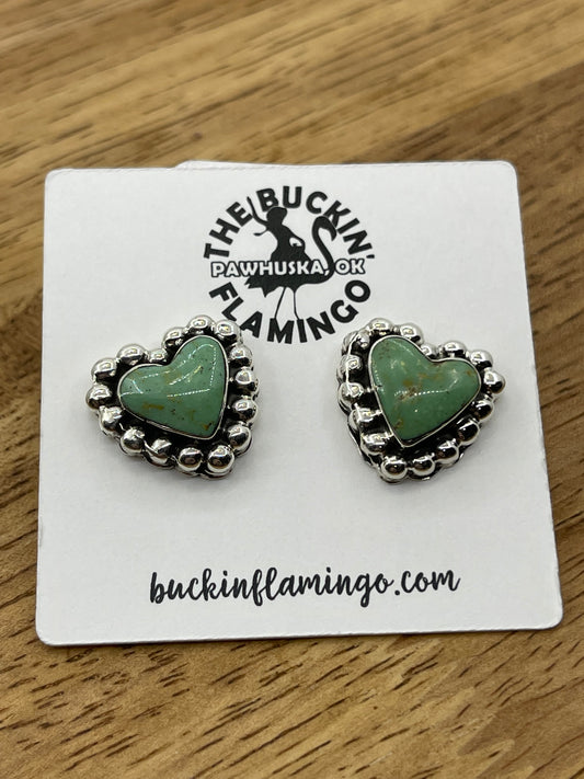Green Turquoise Heart Post Earrings by Annette Martinez, Navajo