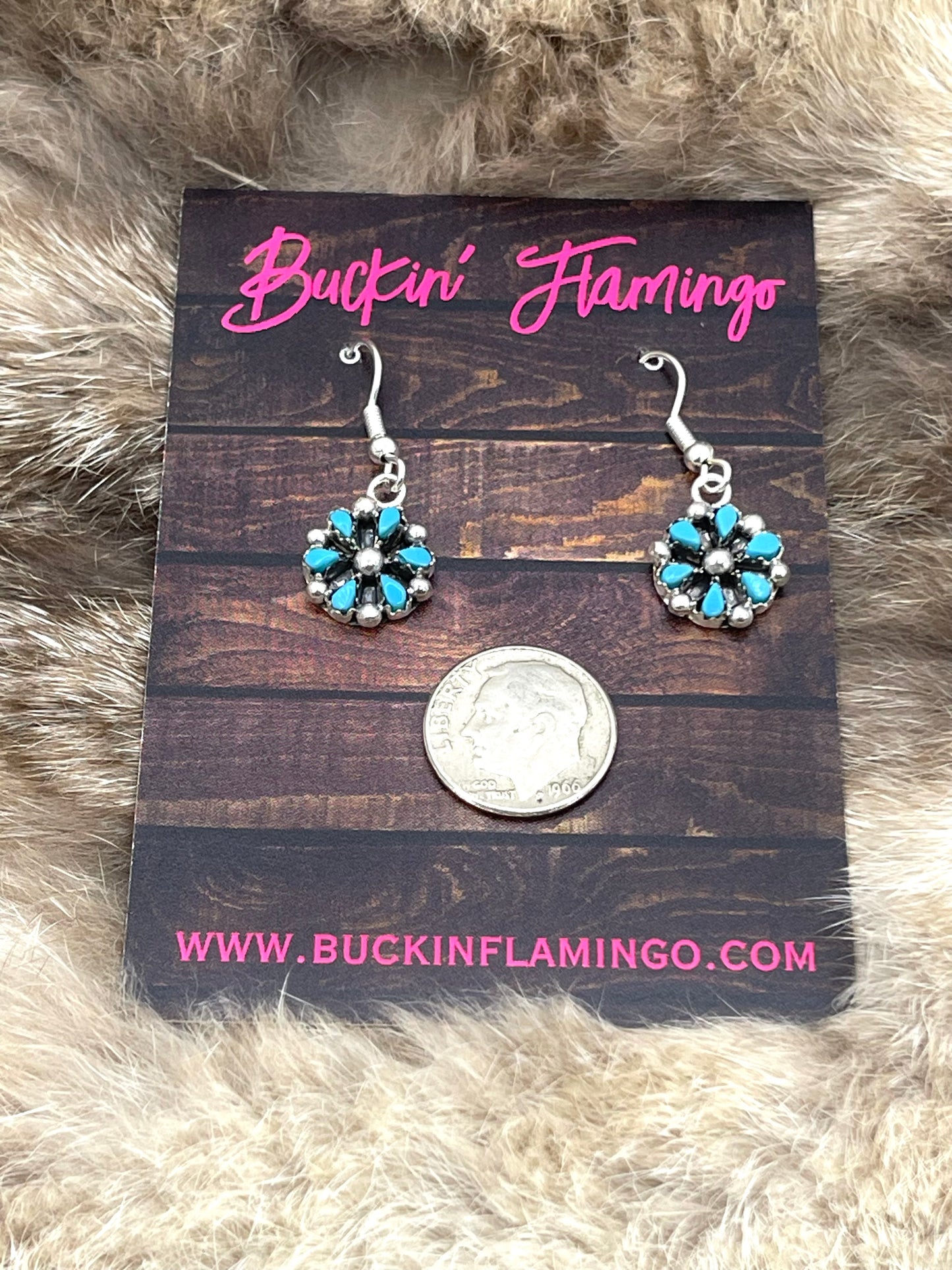 Dainty Flower Cluster Dangle Earrings w/ Turquoise by Tricia Leekity, Zuni