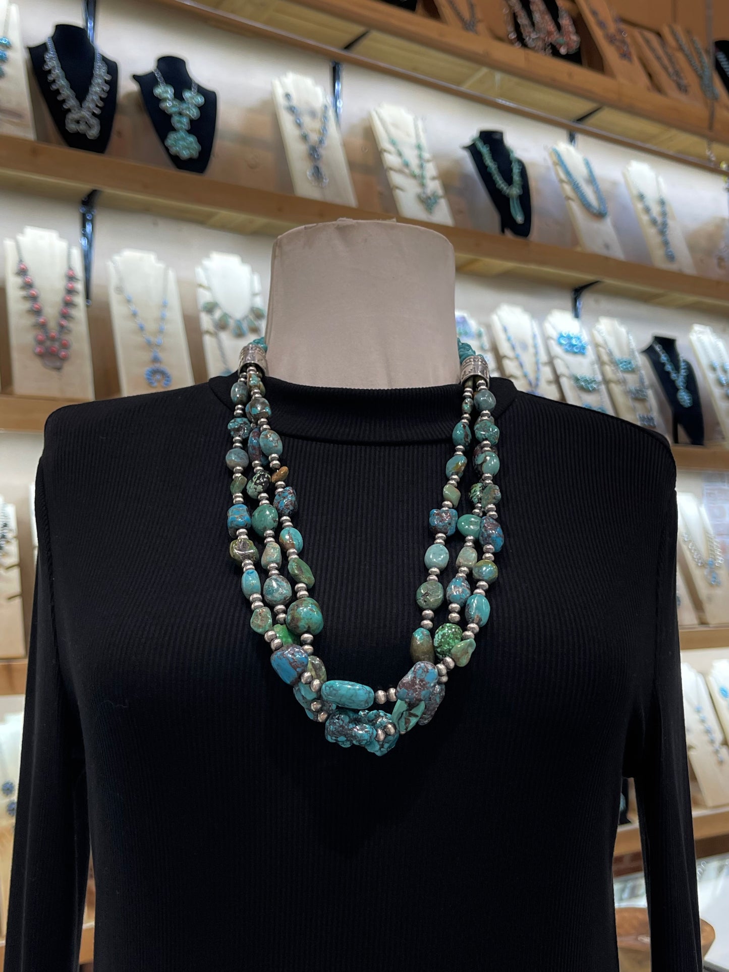 28" Navajo Style Pearls & Turquoise 3 Strand Necklace
