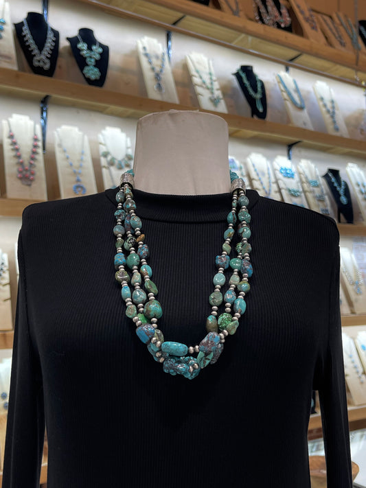 28" Navajo Style Pearls & Turquoise 3 Strand Necklace
