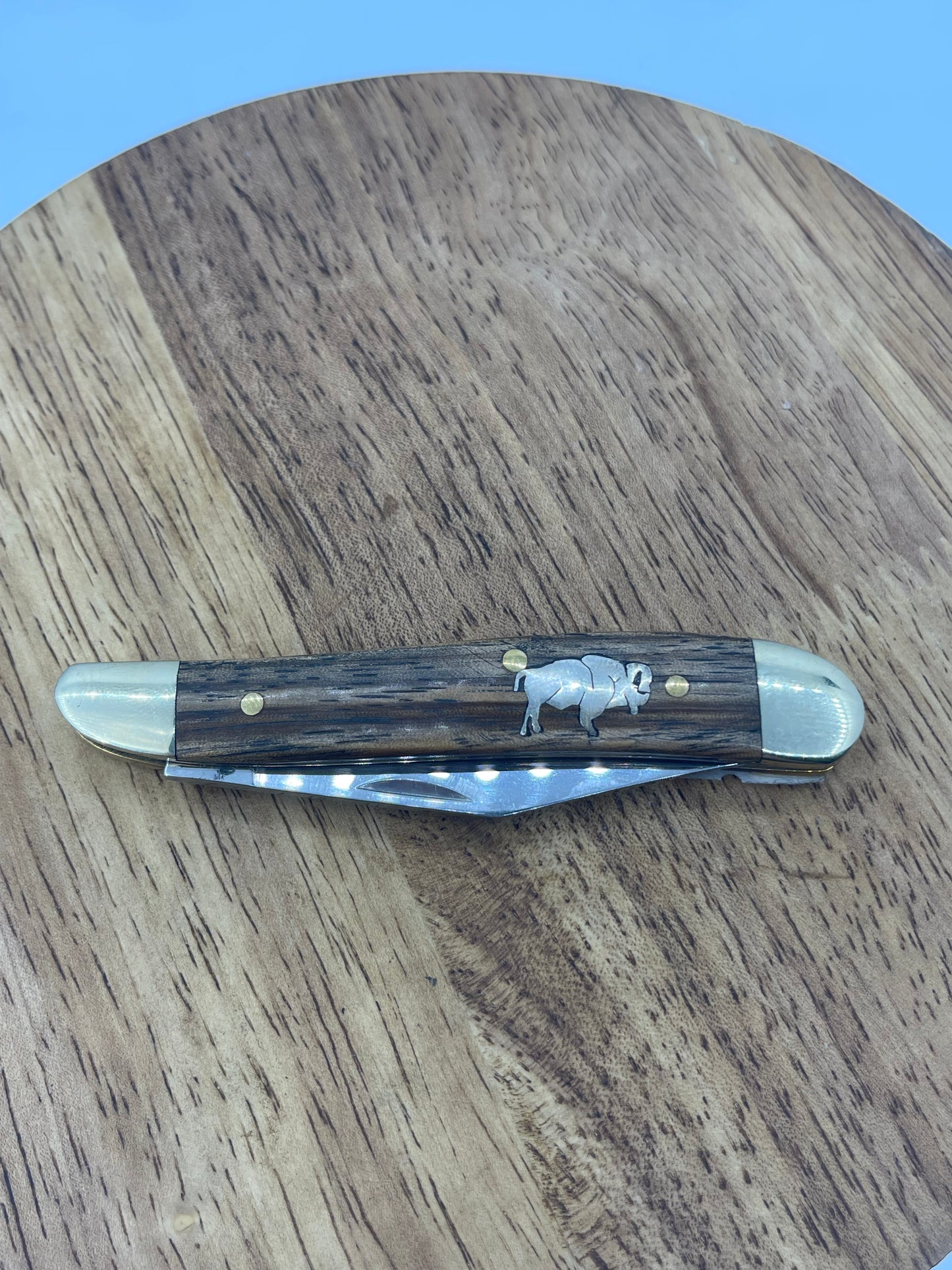 Wood Handle Silver Inlaid Single Blade Buffalo Pocket Knife