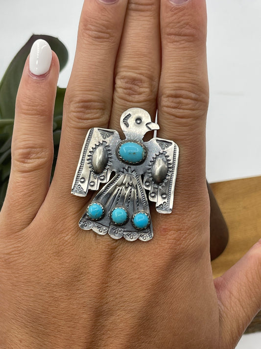 Adjustable 6.0-8.0 Turquoise Thunderbird Ring by Tim Yazzie, Navajo