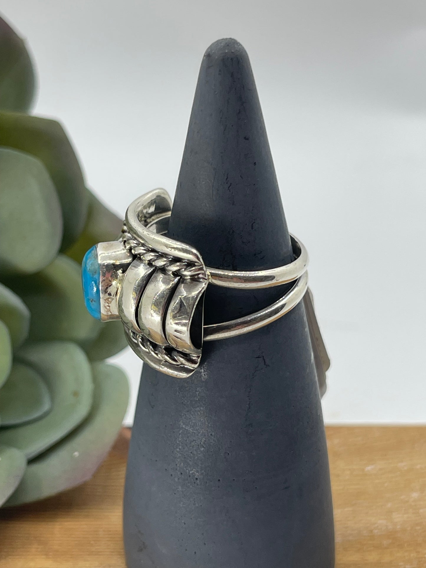 10.5 Sterling Silver and Kingman Turquoise Lobster Tail Ring by Manuel Jackson, Navajo