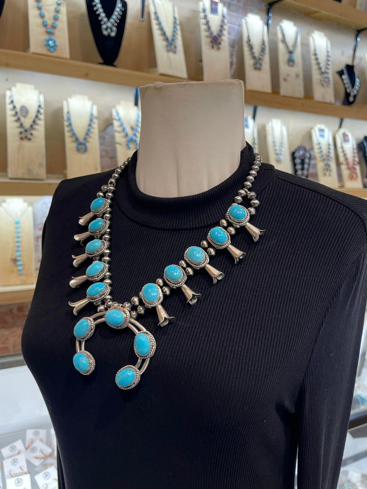 22" Sleeping Beauty Turquoise Squash Blossom Necklace by Gilbert Nez, Navajo