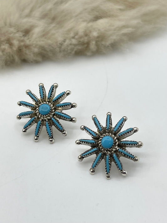 Zuni Needlepoint Turquoise Star Burst Earrings by Samantha Waatsa, Zuni