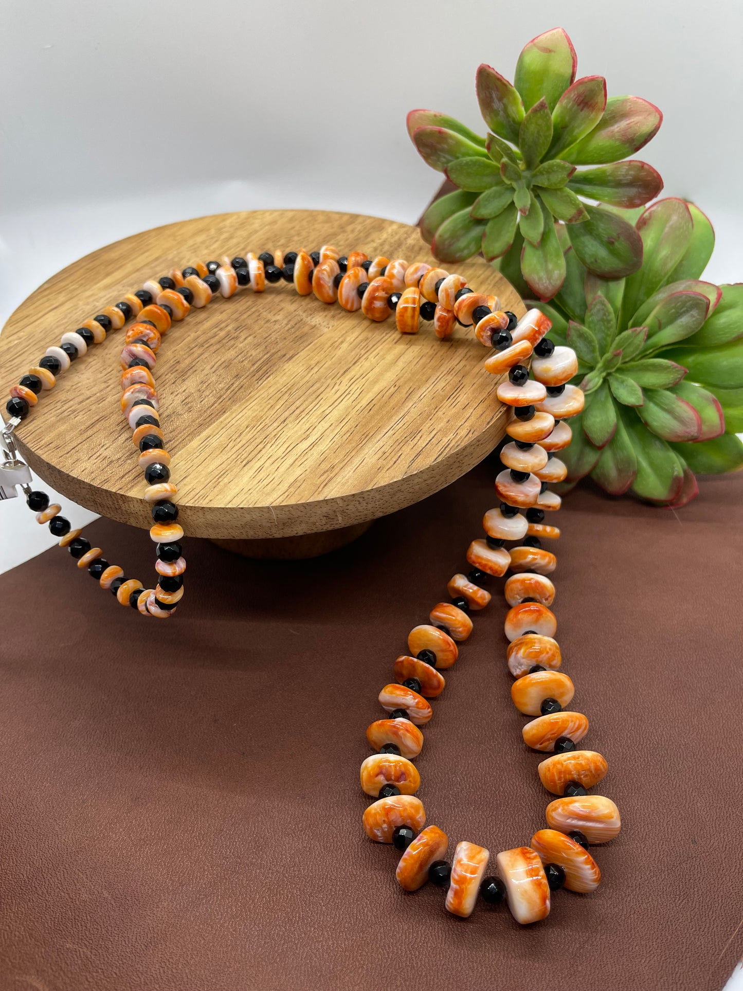 36" Graduated Orange Spiny Oyster Shell and Black Onyx Faceted Beaded Necklace
