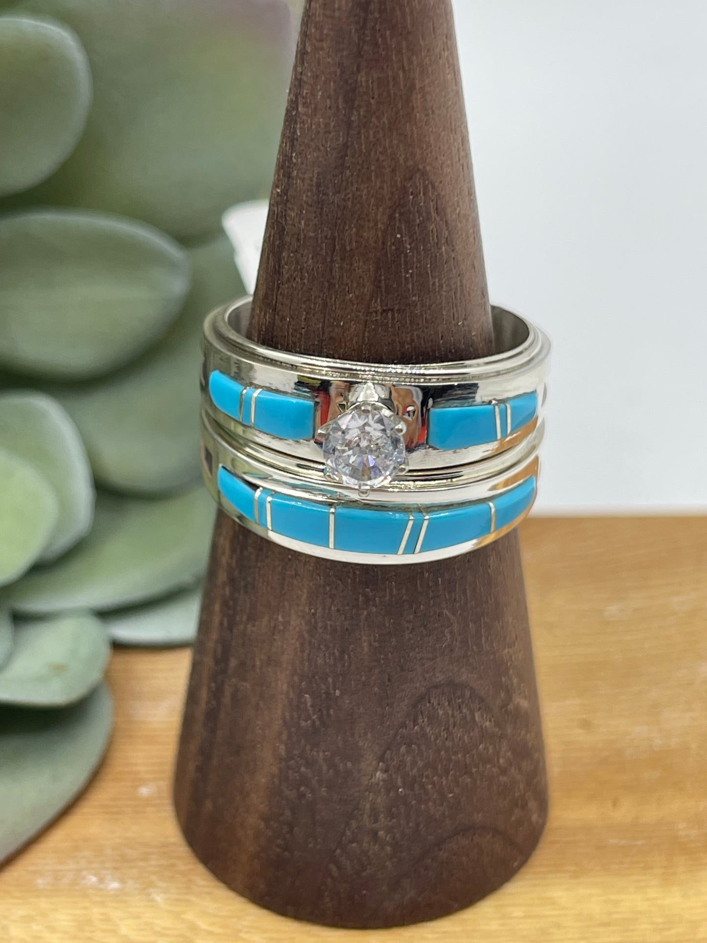 10.5 Inlaid Turquoise Wedding Ring Band Set by Wilbert Muskett Jr, Navajo