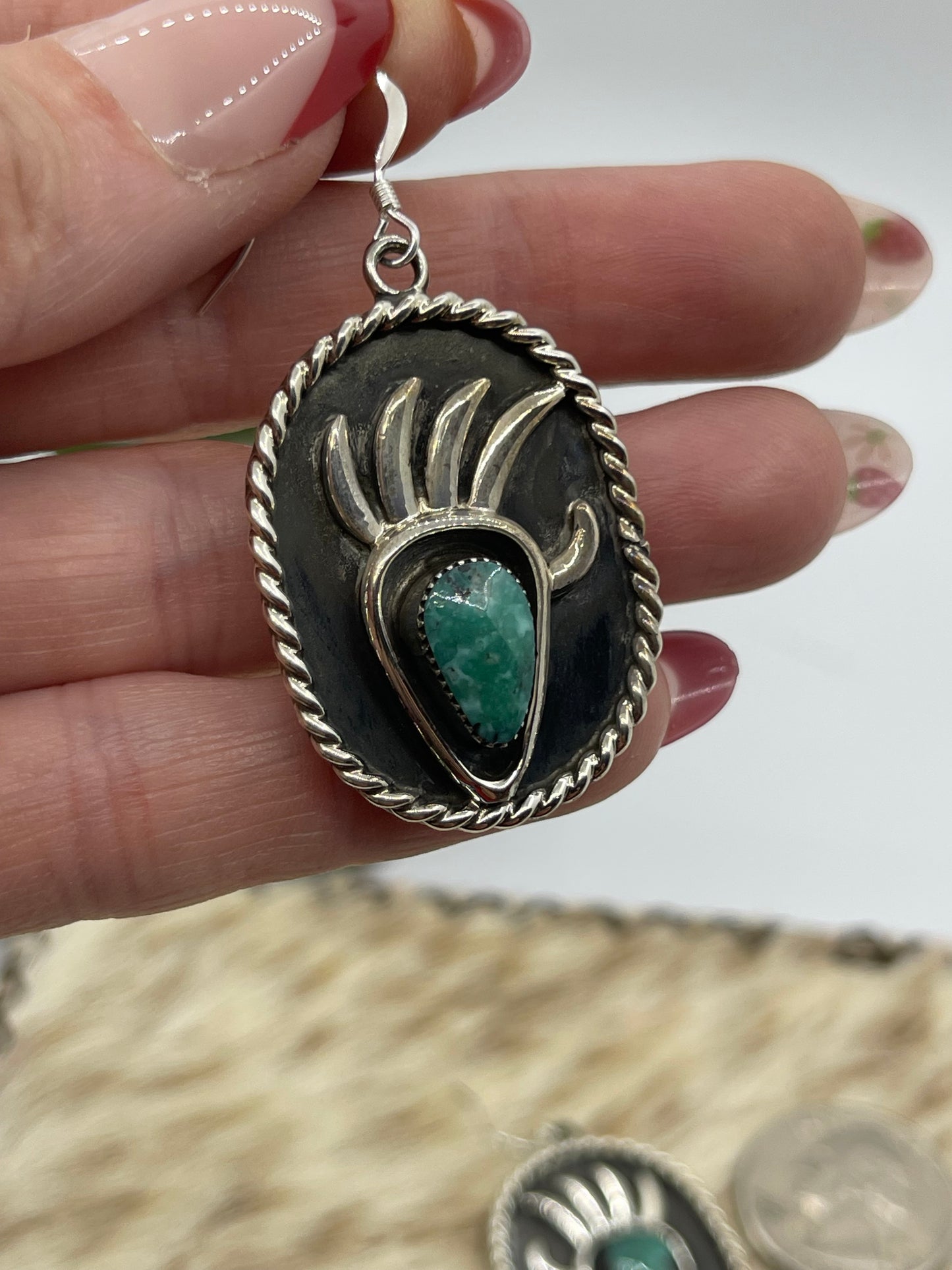 Turquoise Bear Claw Dangle Earrings by Jimson Belin, Navajo