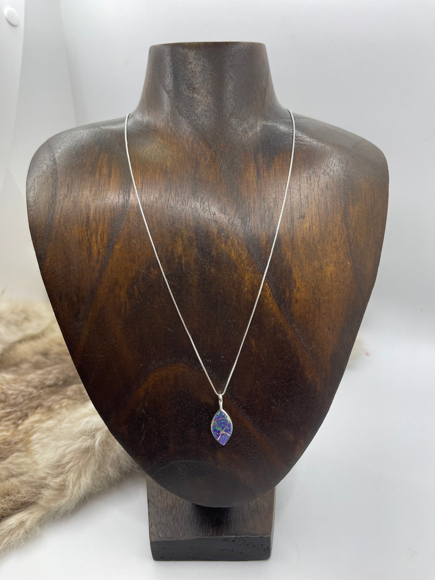 18" Chain with Cats Eye Fish Scale Opal Inlay Pendant by Delorna Lahe, Zuni