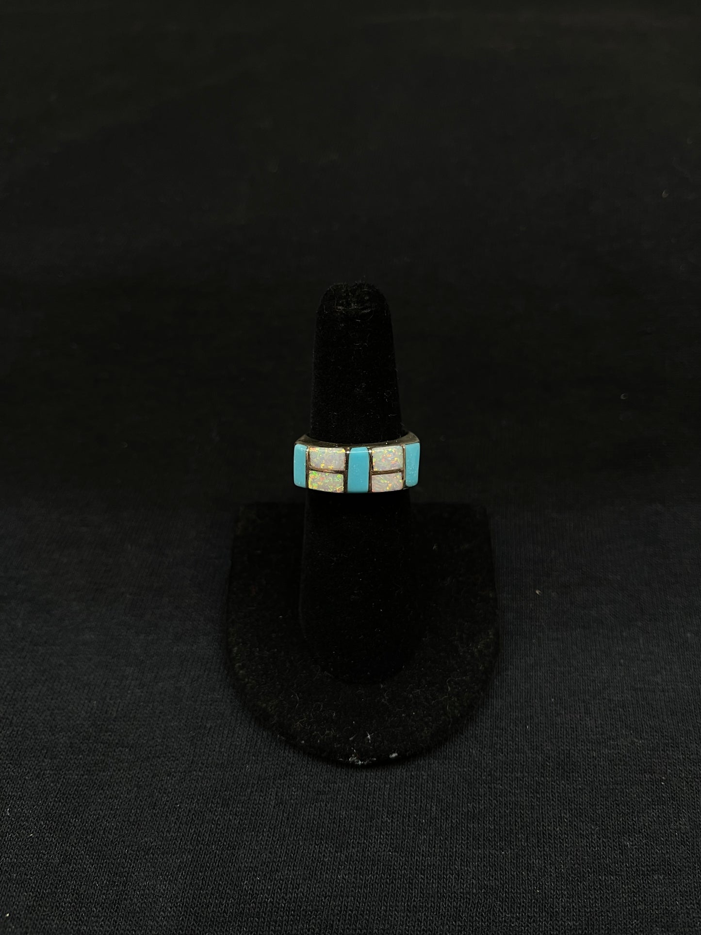 7.0 Turquoise and White Opal Inlay Ring by Verna Kanesta, Zuni