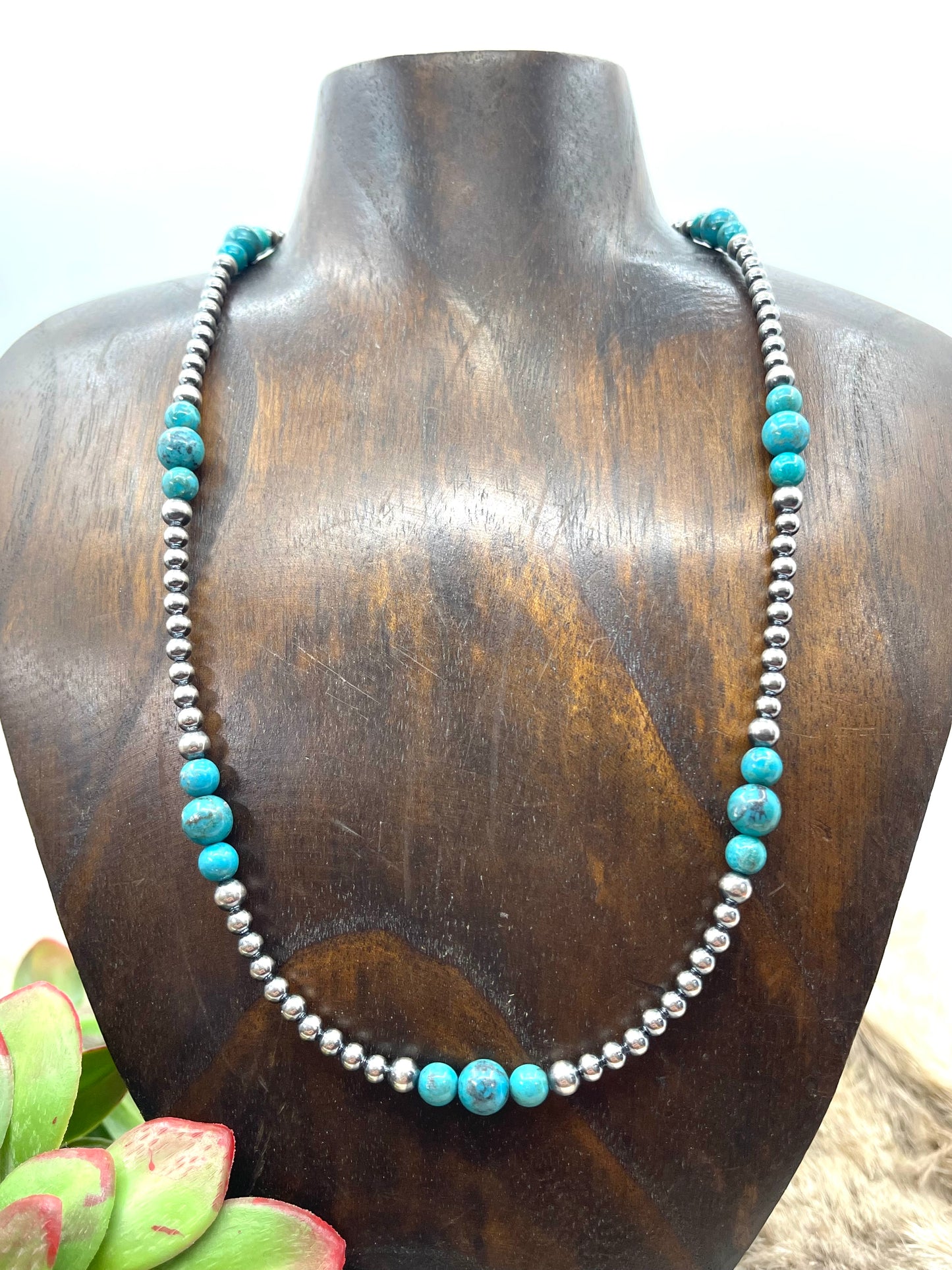 20" 4-8mm Navajo Style Pearls with Turquoise Necklace