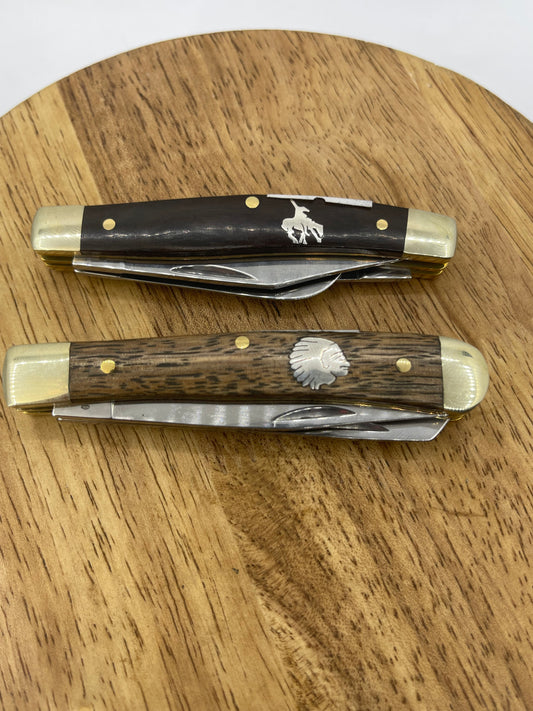 Wood Handle With Silver Inlay Trapper Style Knife