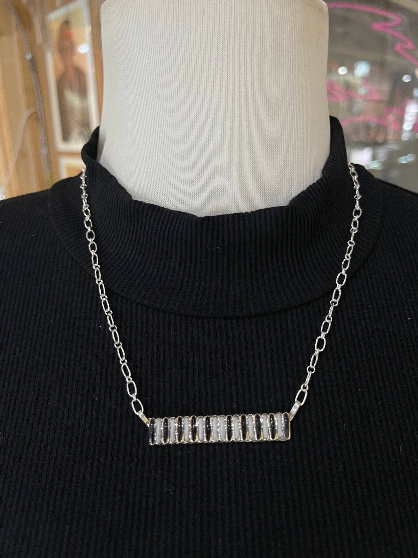 20" Black Onyx and Mother of Pearl Bar Necklace by Lucinda Sardo, Zuni