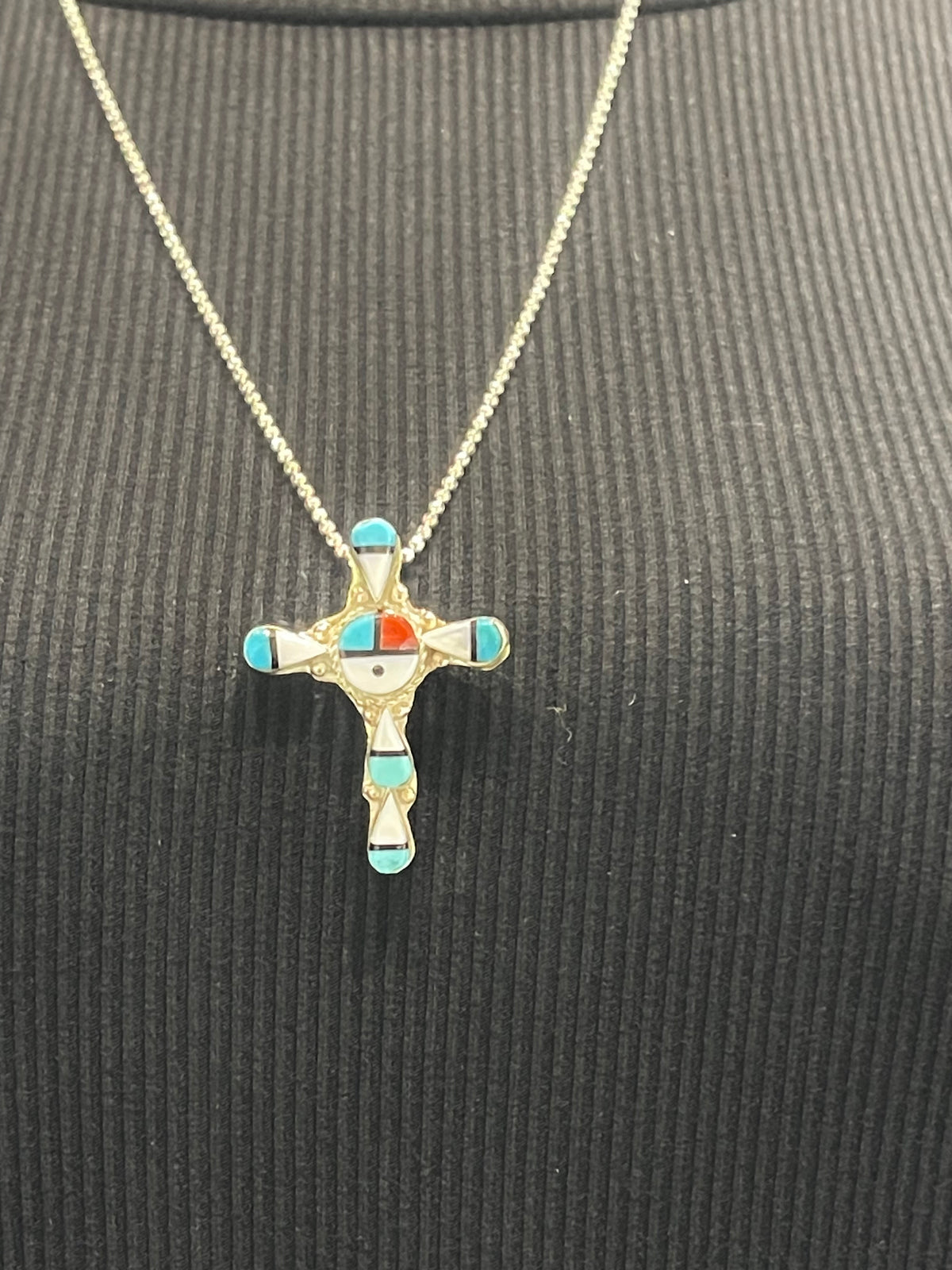 24" Necklace Inlay Sunface Cross Pendant by Clifton Bowannie, Zuni