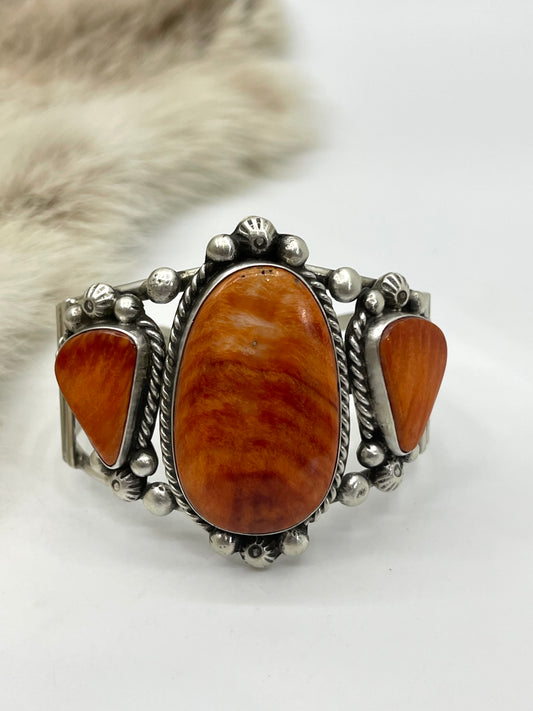 3 Stone Orange Spiny Oyster Cuff by Augustine Largo, Navajo
