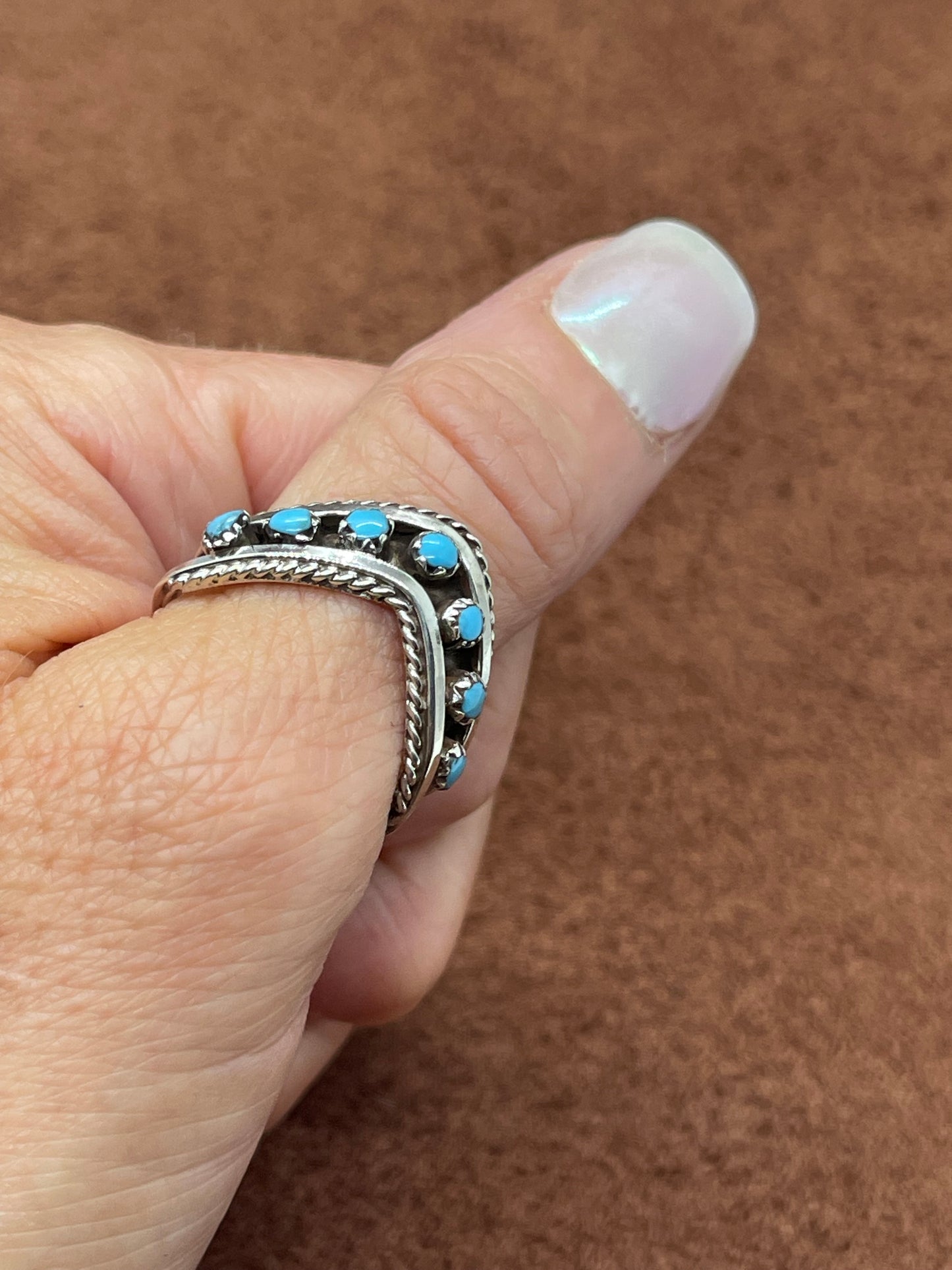 7.5 7 Stone Turquoise Chevron Ring by Susie Livingston, Zuni